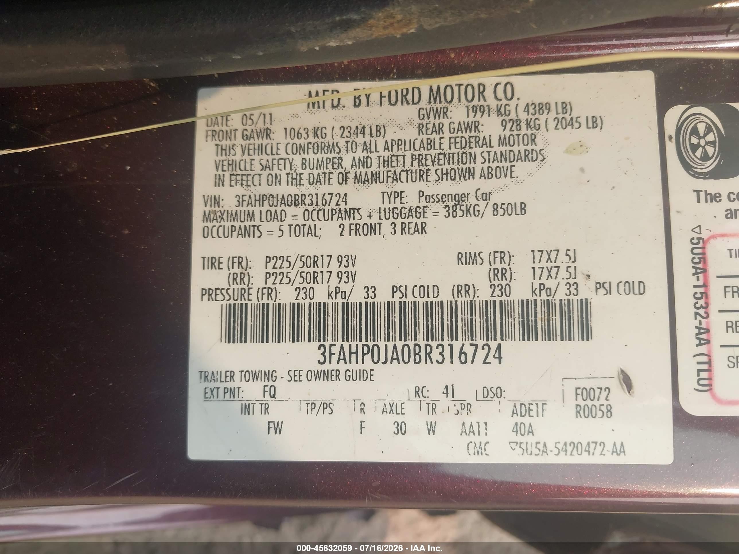 2011 Ford Fusion Sel Maroon vin: 3FAHP0JA0BR316724