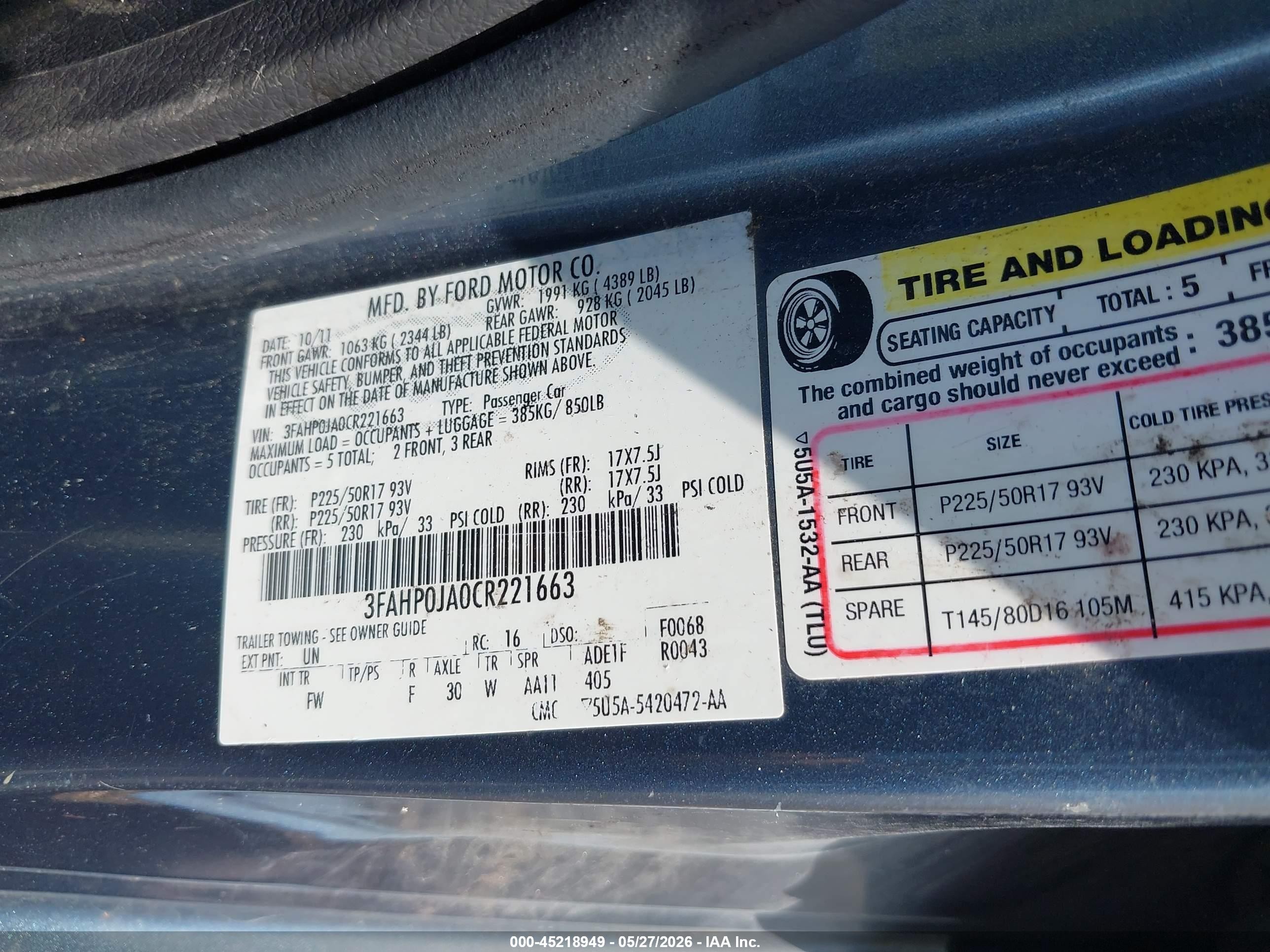 2012 Ford Fusion Sel Light Blue vin: 3FAHP0JA0CR221663