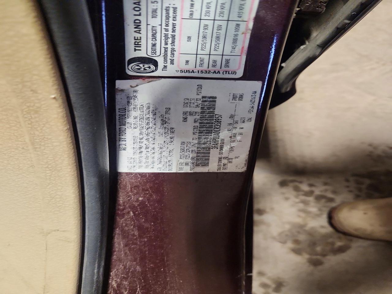 2012 Ford Fusion Sel Burgundy vin: 3FAHP0JA0CR358957
