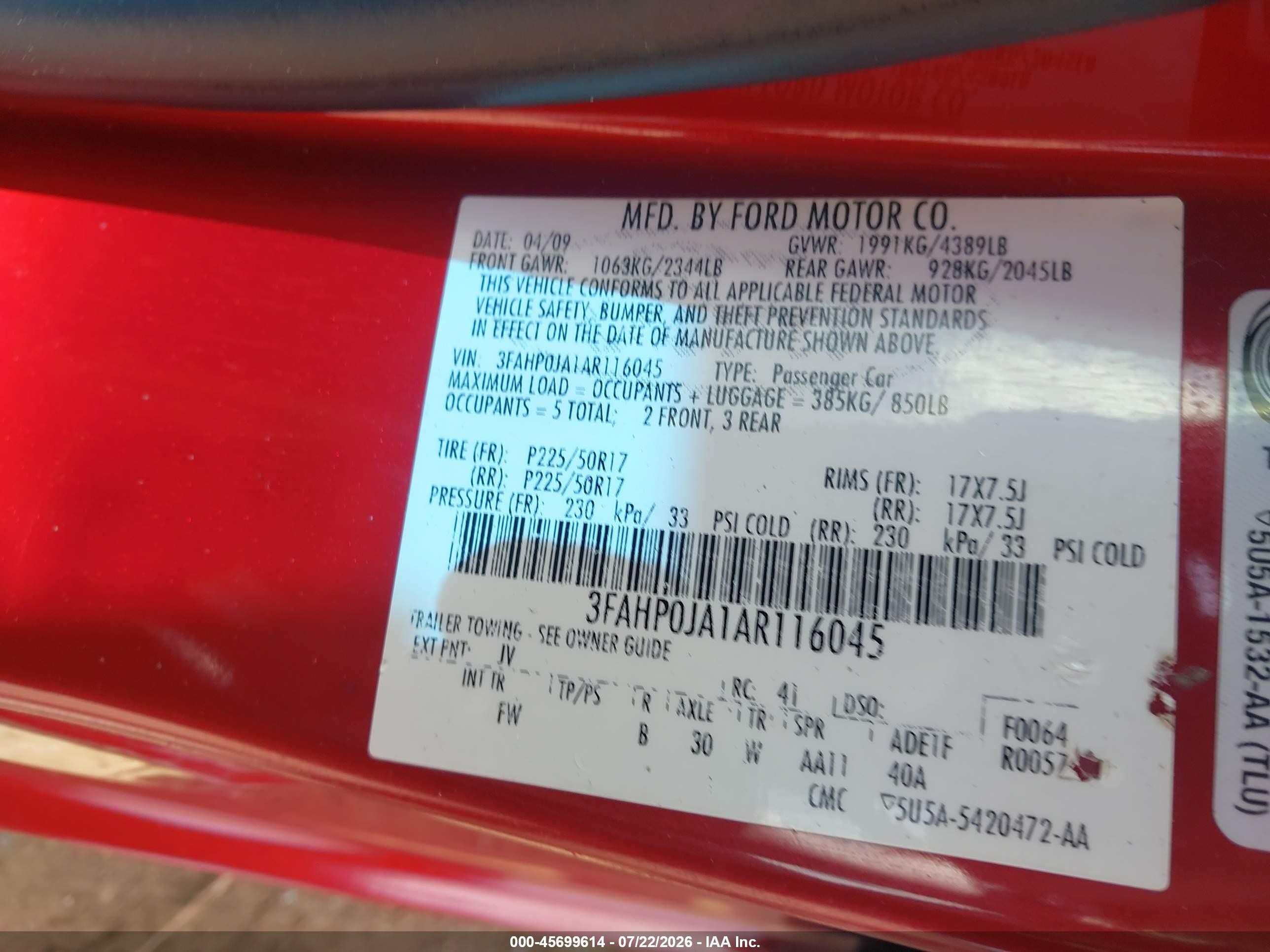 2010 Ford Fusion Sel Red vin: 3FAHP0JA1AR116045