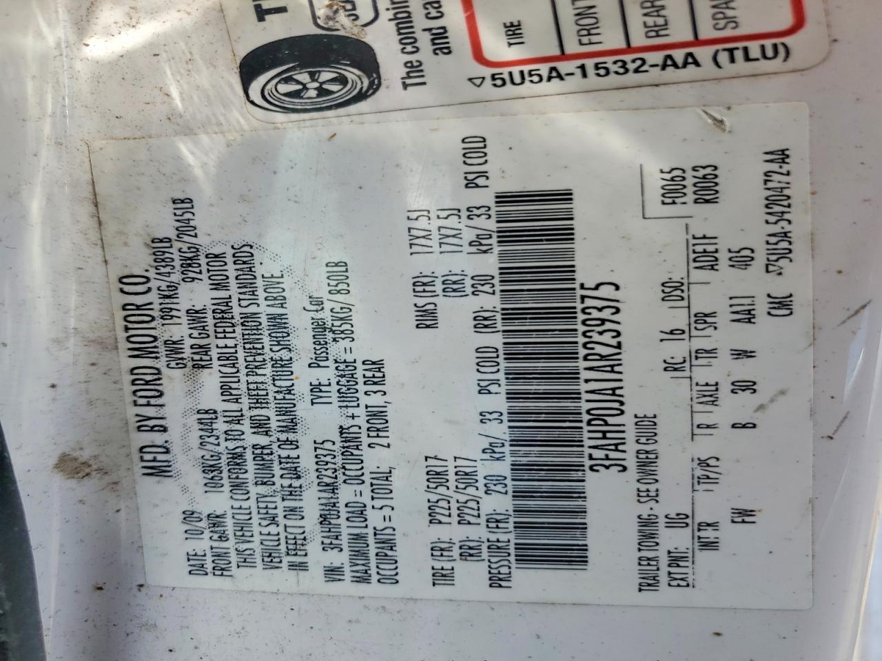 2010 Ford Fusion Sel White vin: 3FAHP0JA1AR239375
