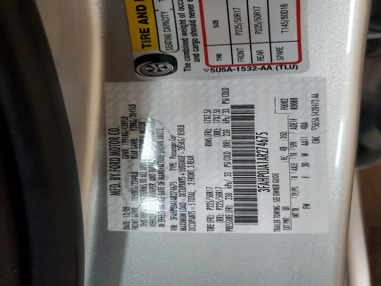 2010 Ford Fusion Sel Silver vin: 3FAHP0JA1AR274675