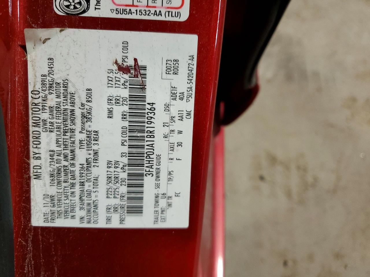 2011 Ford Fusion Sel Red vin: 3FAHP0JA1BR199364