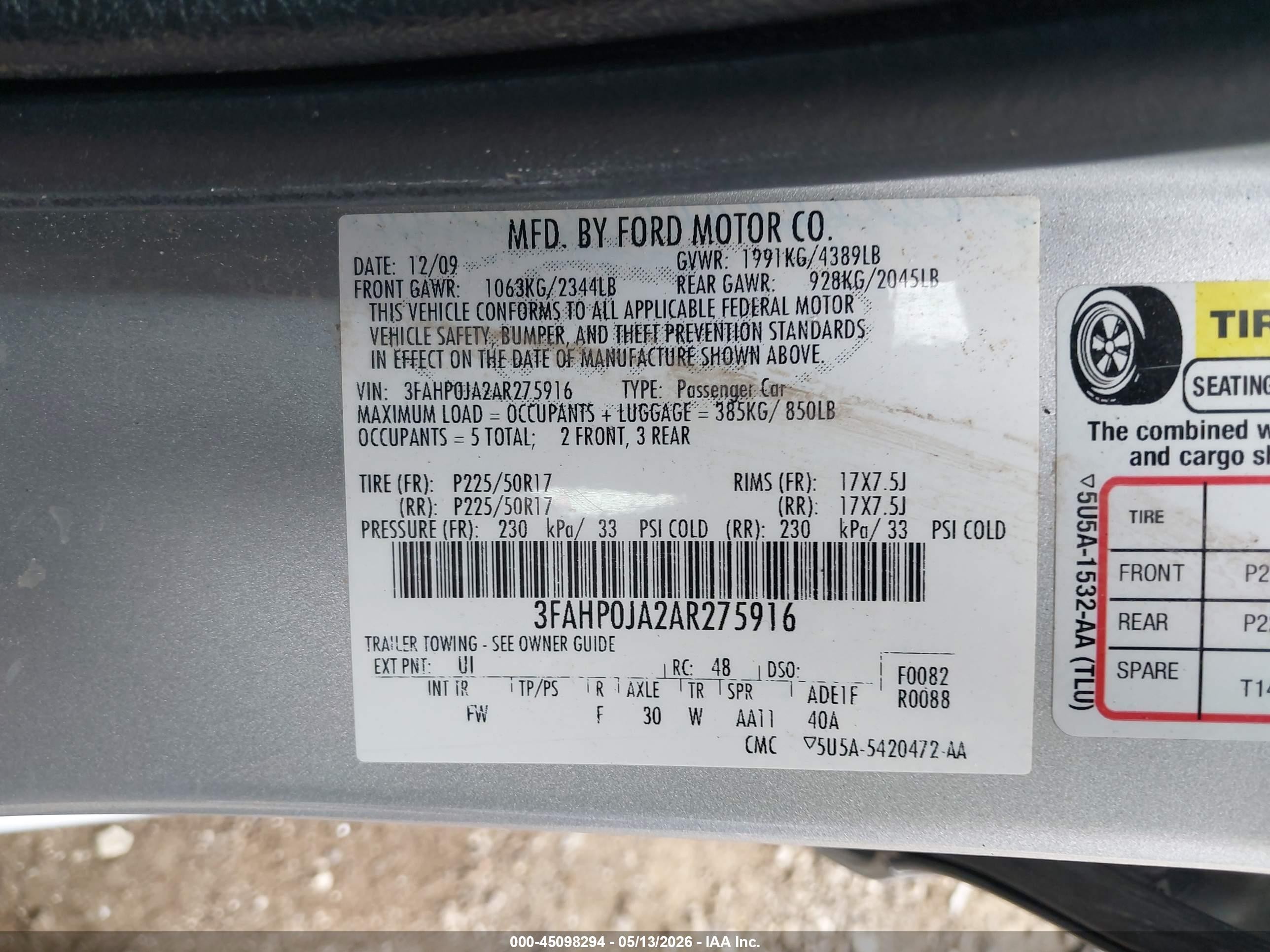 2010 Ford Fusion Sel Silver vin: 3FAHP0JA2AR275916