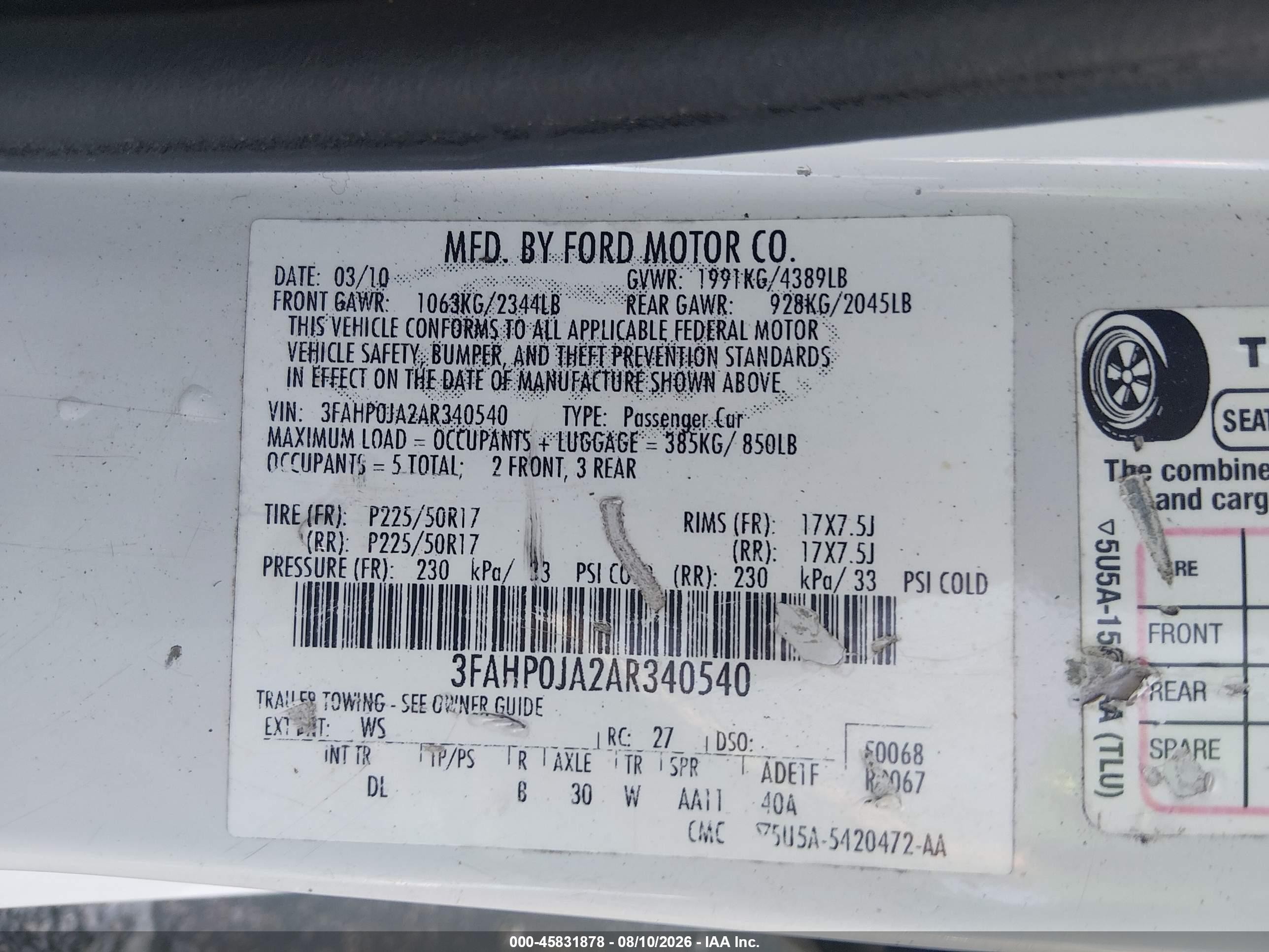 2010 Ford Fusion Sel White vin: 3FAHP0JA2AR340540
