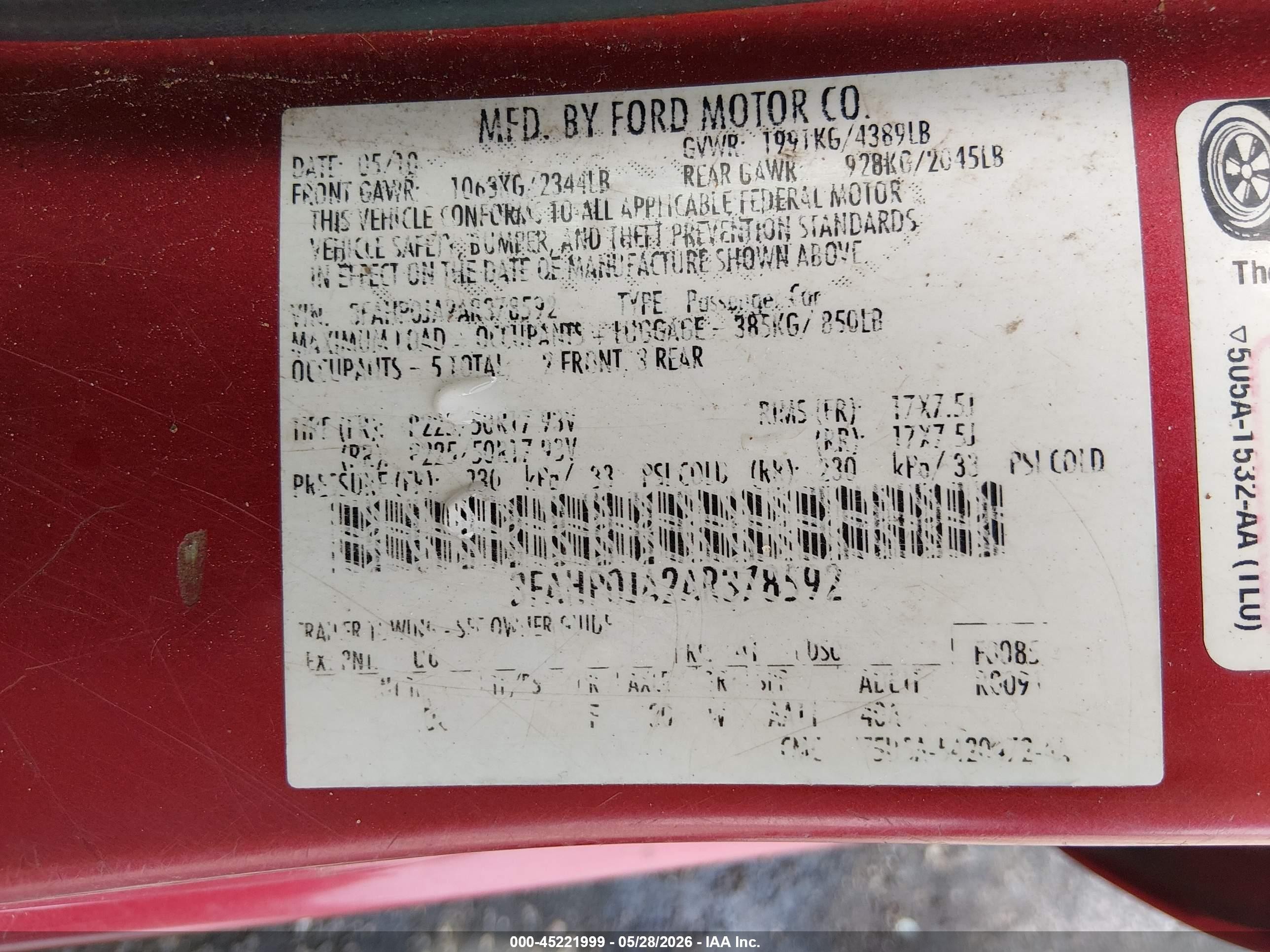 2010 Ford Fusion Sel Burgundy vin: 3FAHP0JA2AR378592