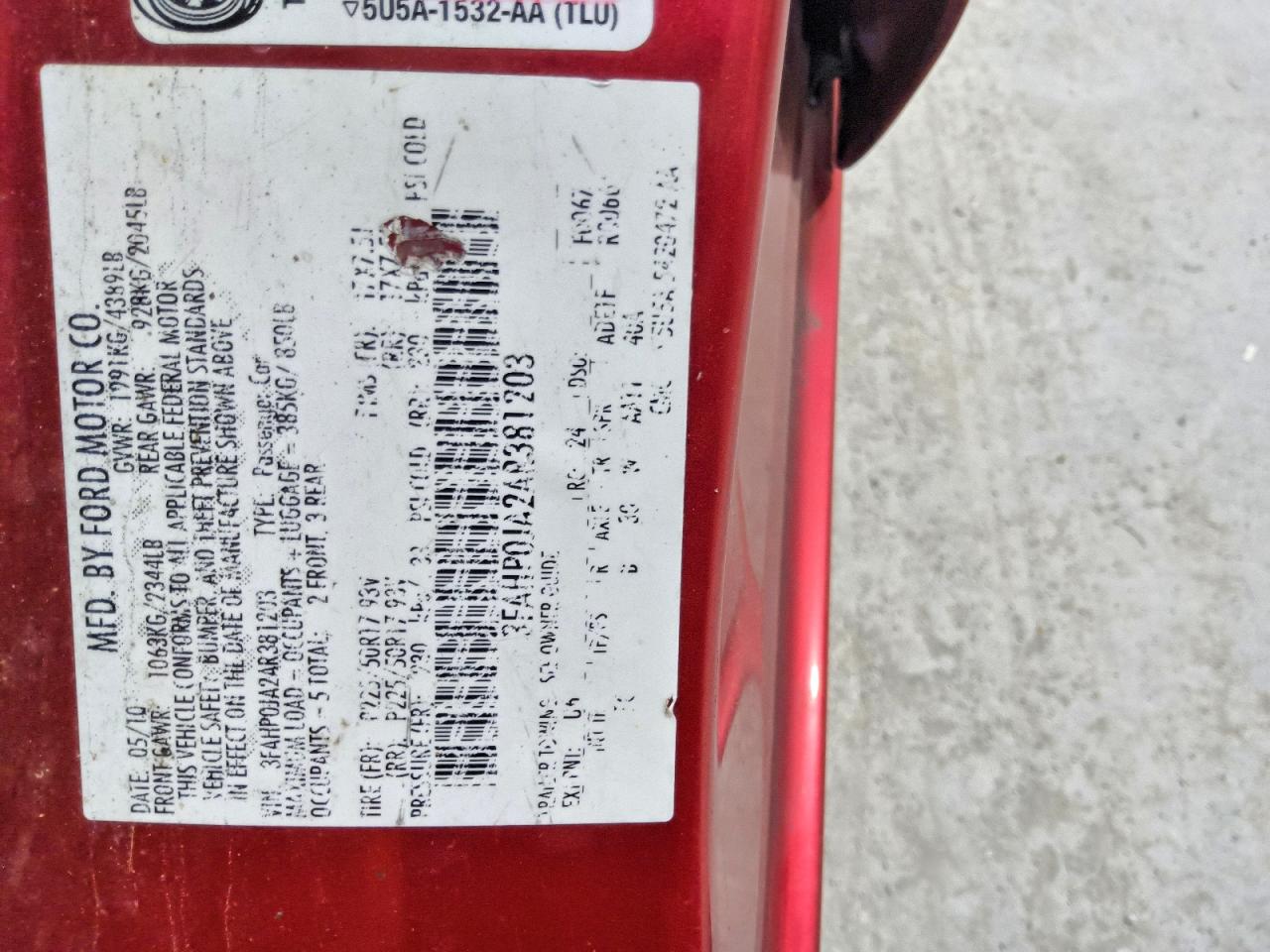 2010 Ford Fusion Sel Red vin: 3FAHP0JA2AR381203