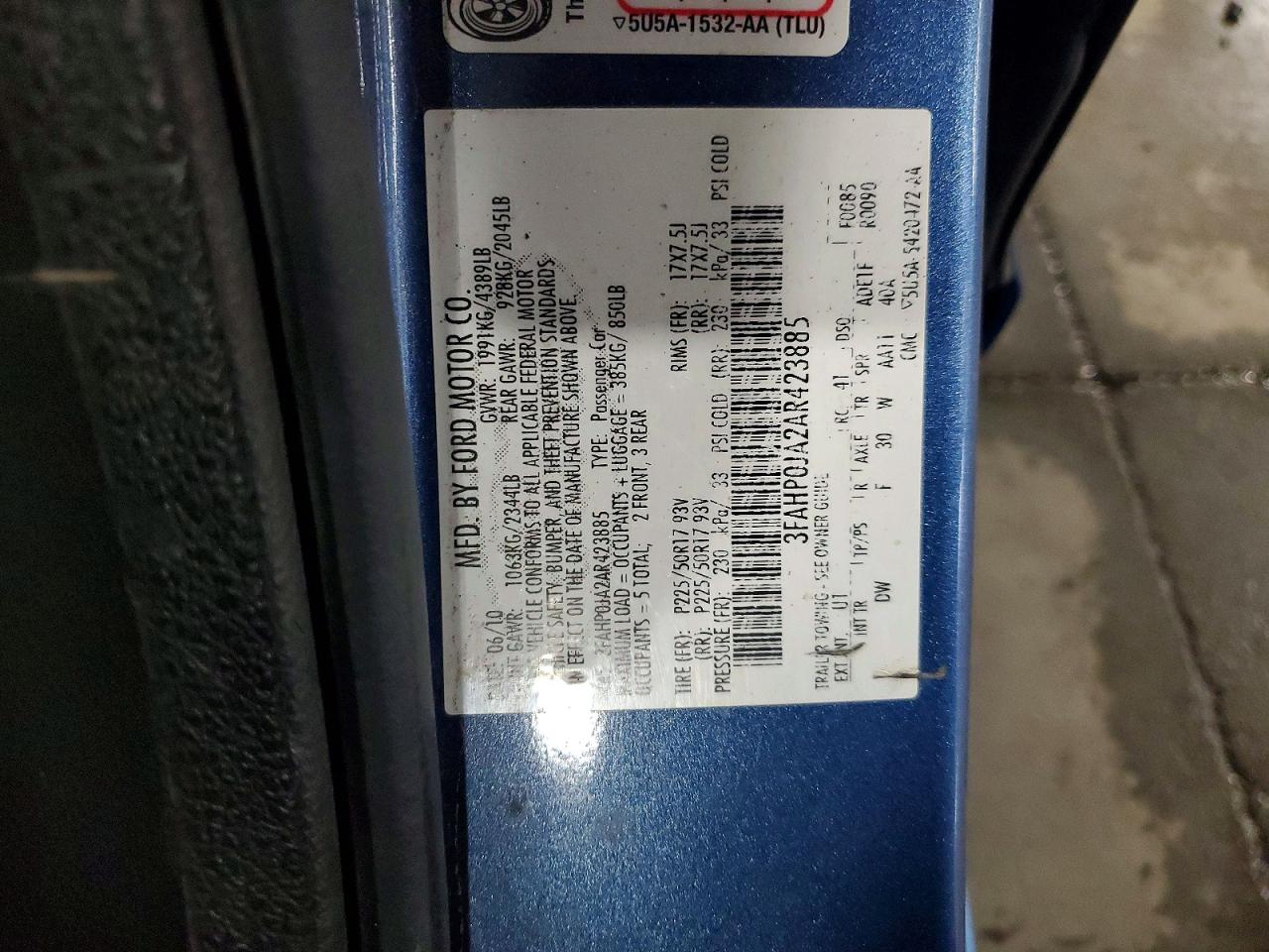 2010 Ford Fusion Sel Blue vin: 3FAHP0JA2AR423885