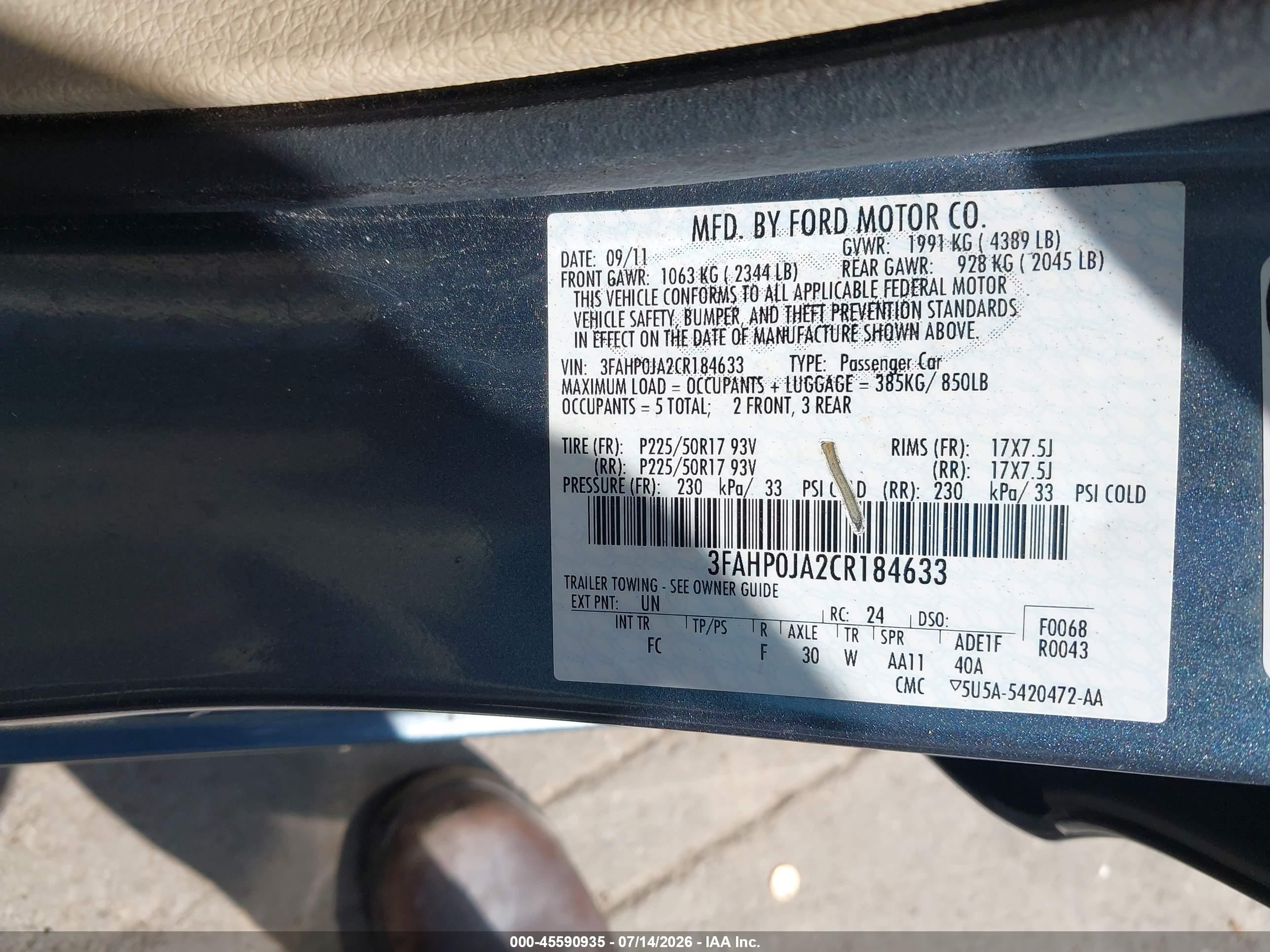 2012 Ford Fusion Sel Teal vin: 3FAHP0JA2CR184633