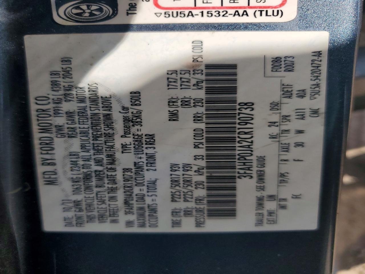 2012 Ford Fusion Sel Blue vin: 3FAHP0JA2CR190738