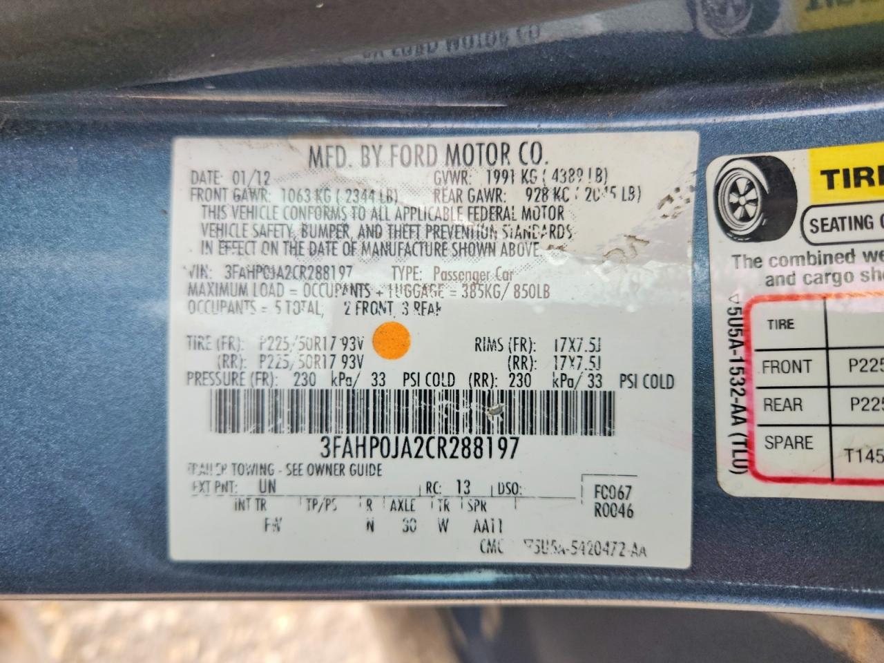 2012 Ford Fusion Sel Blue vin: 3FAHP0JA2CR288197
