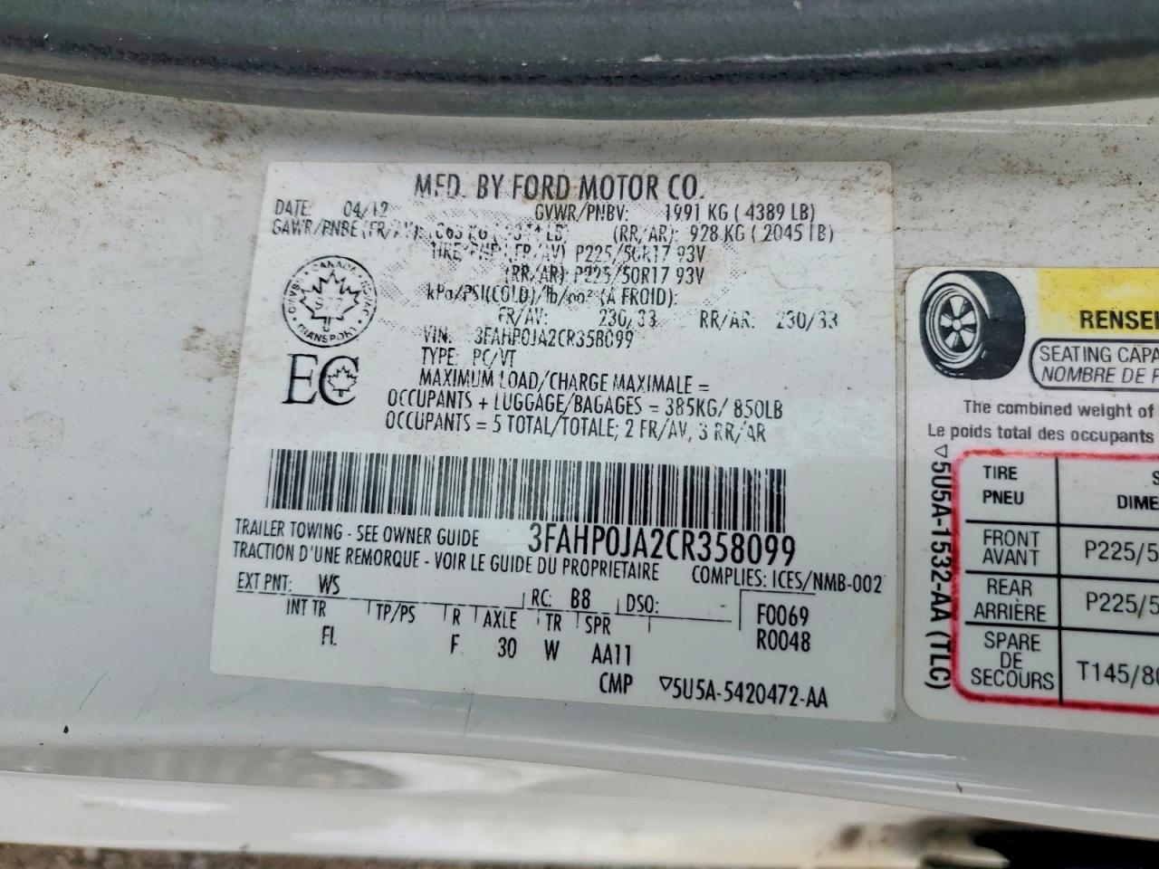 2012 Ford Fusion Sel White vin: 3FAHP0JA2CR358099