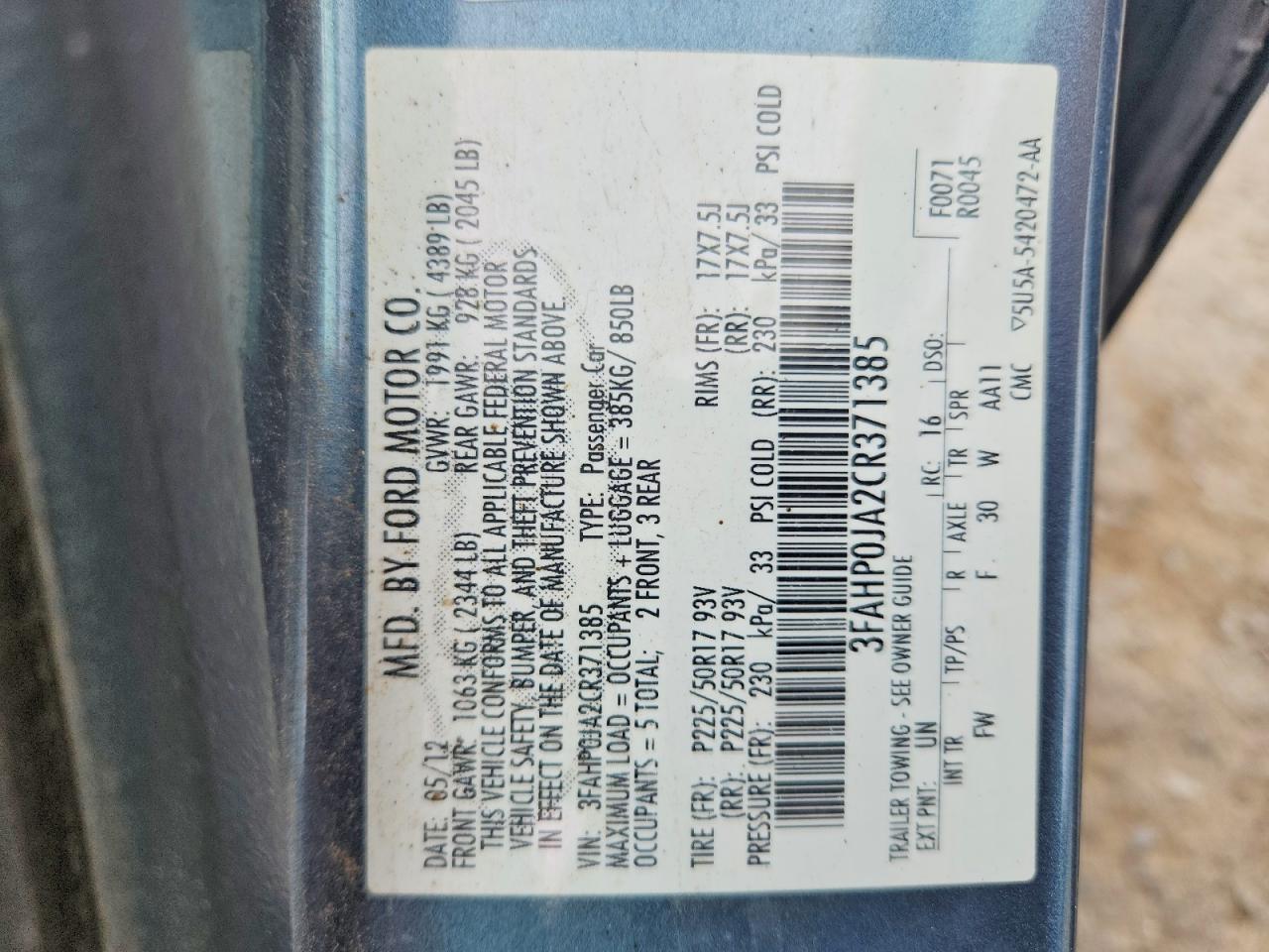 2012 Ford Fusion Sel Blue vin: 3FAHP0JA2CR371385