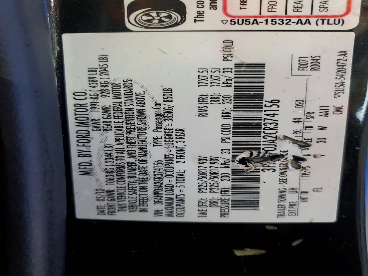 2012 Ford Fusion Black vin: 3FAHP0JA2CR374156