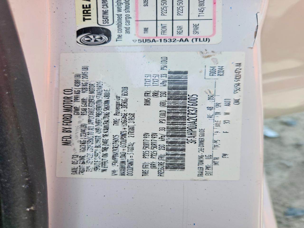 2012 Ford Fusion Sel White vin: 3FAHP0JA2CR376005