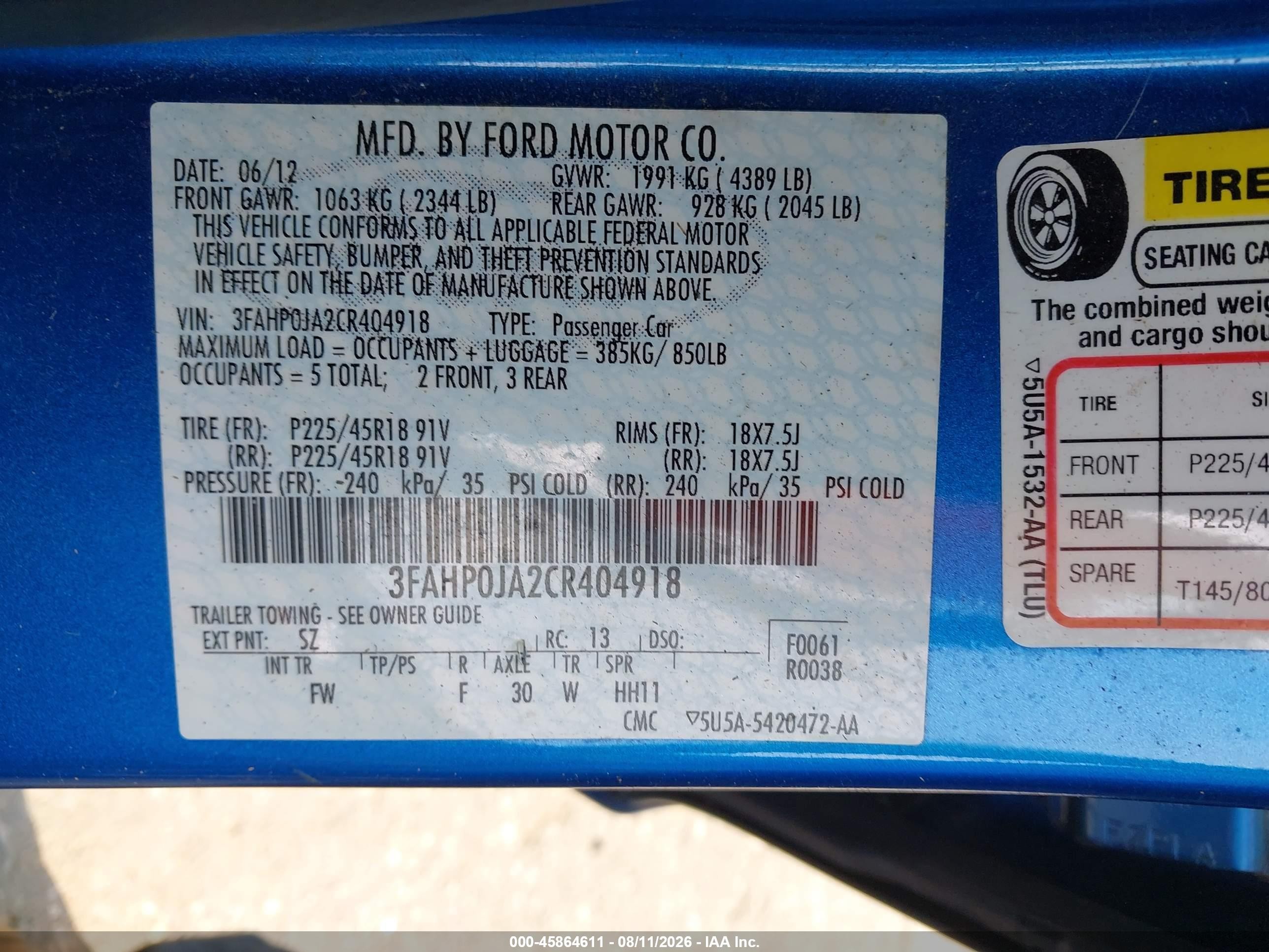 2012 Ford Fusion Sel Blue vin: 3FAHP0JA2CR404918