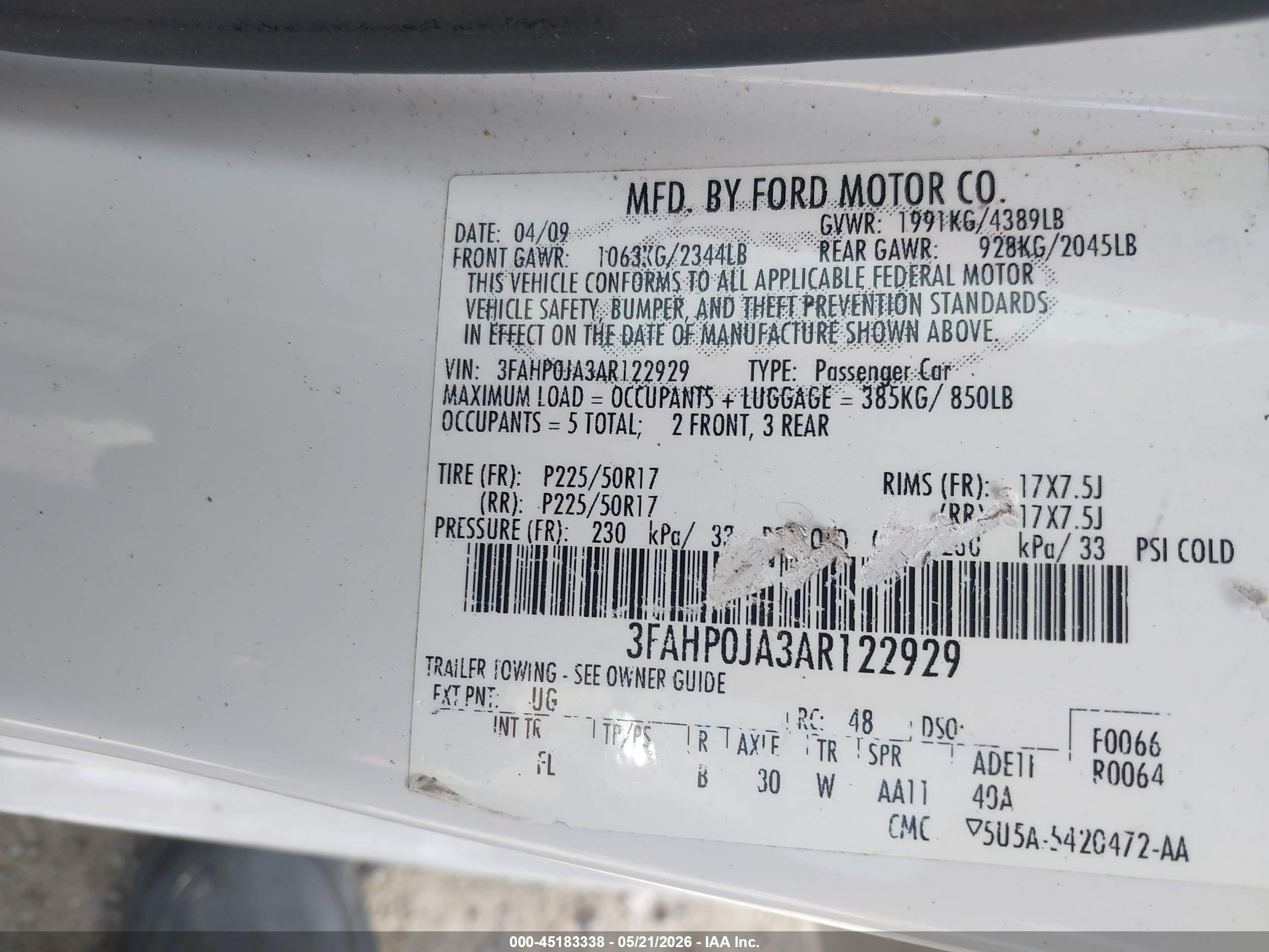2010 Ford Fusion Sel White vin: 3FAHP0JA3AR122929