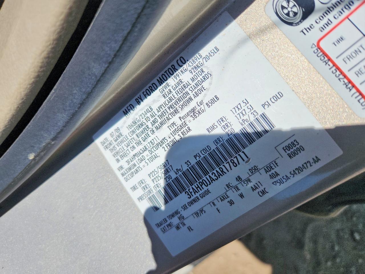2010 Ford Fusion Sel Tan vin: 3FAHP0JA3AR178711