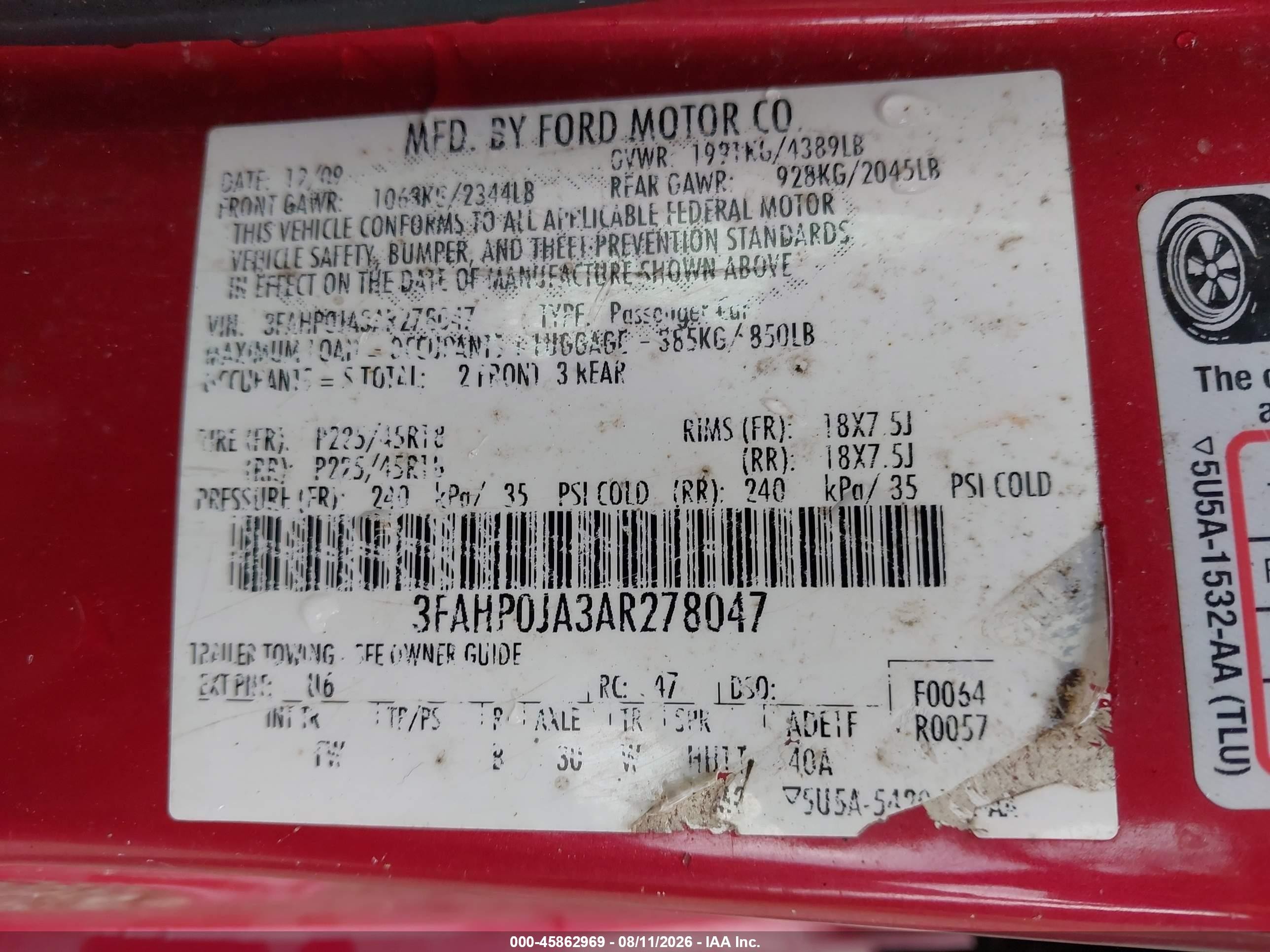 2010 Ford Fusion Sel Burgundy vin: 3FAHP0JA3AR278047