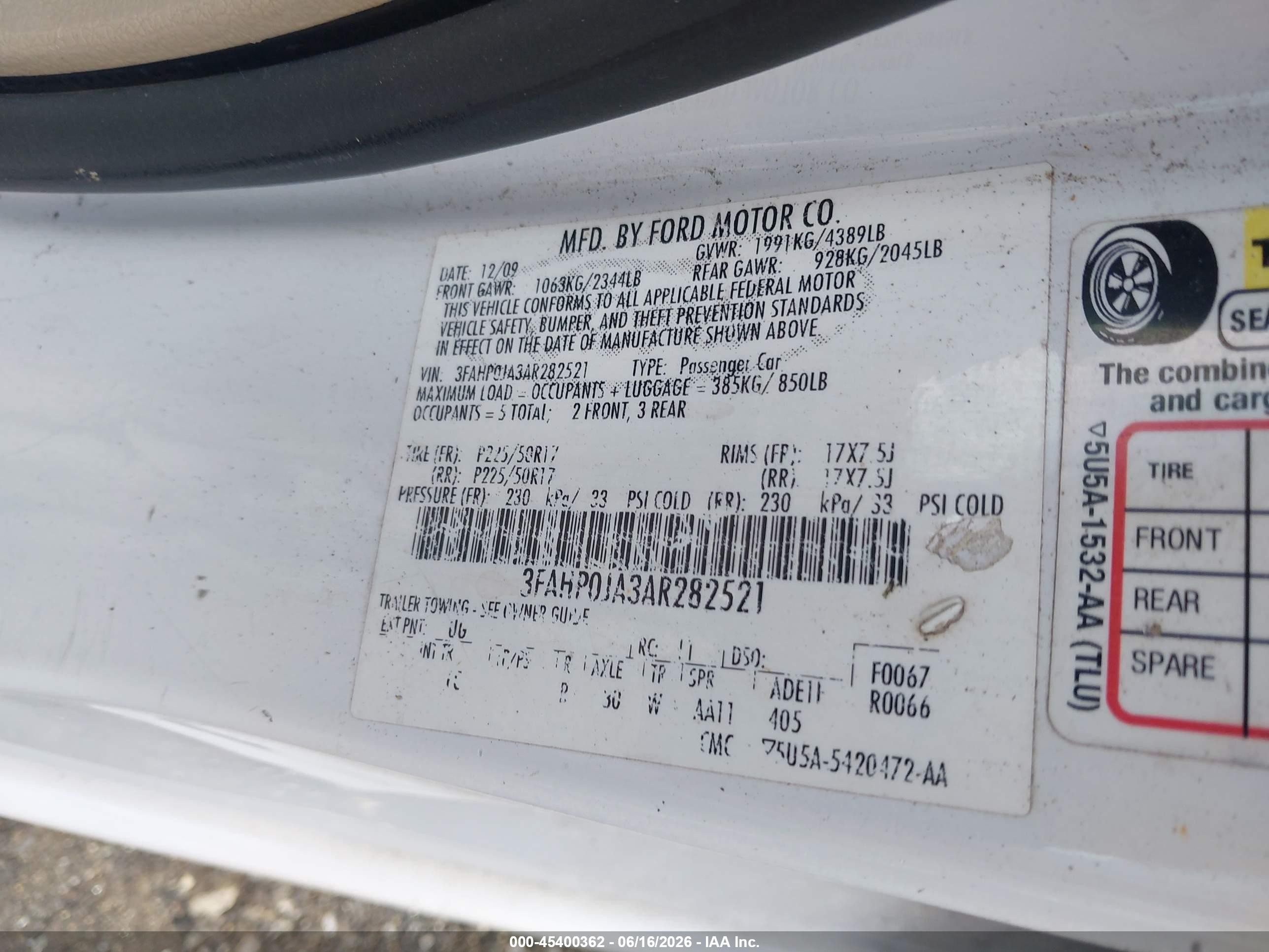 2010 Ford Fusion Sel White vin: 3FAHP0JA3AR282521