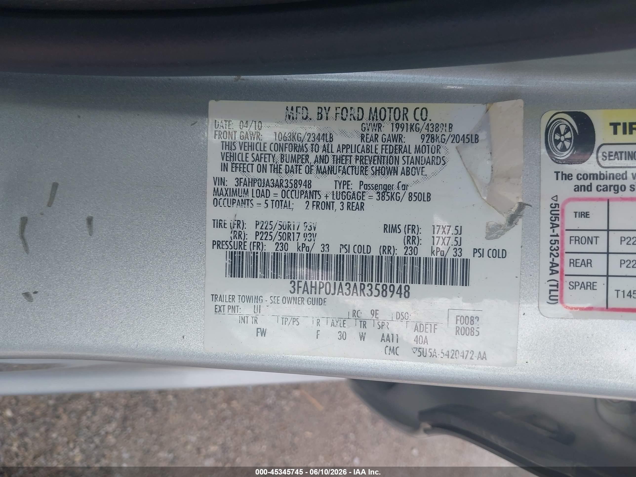 2010 Ford Fusion Sel Silver vin: 3FAHP0JA3AR358948
