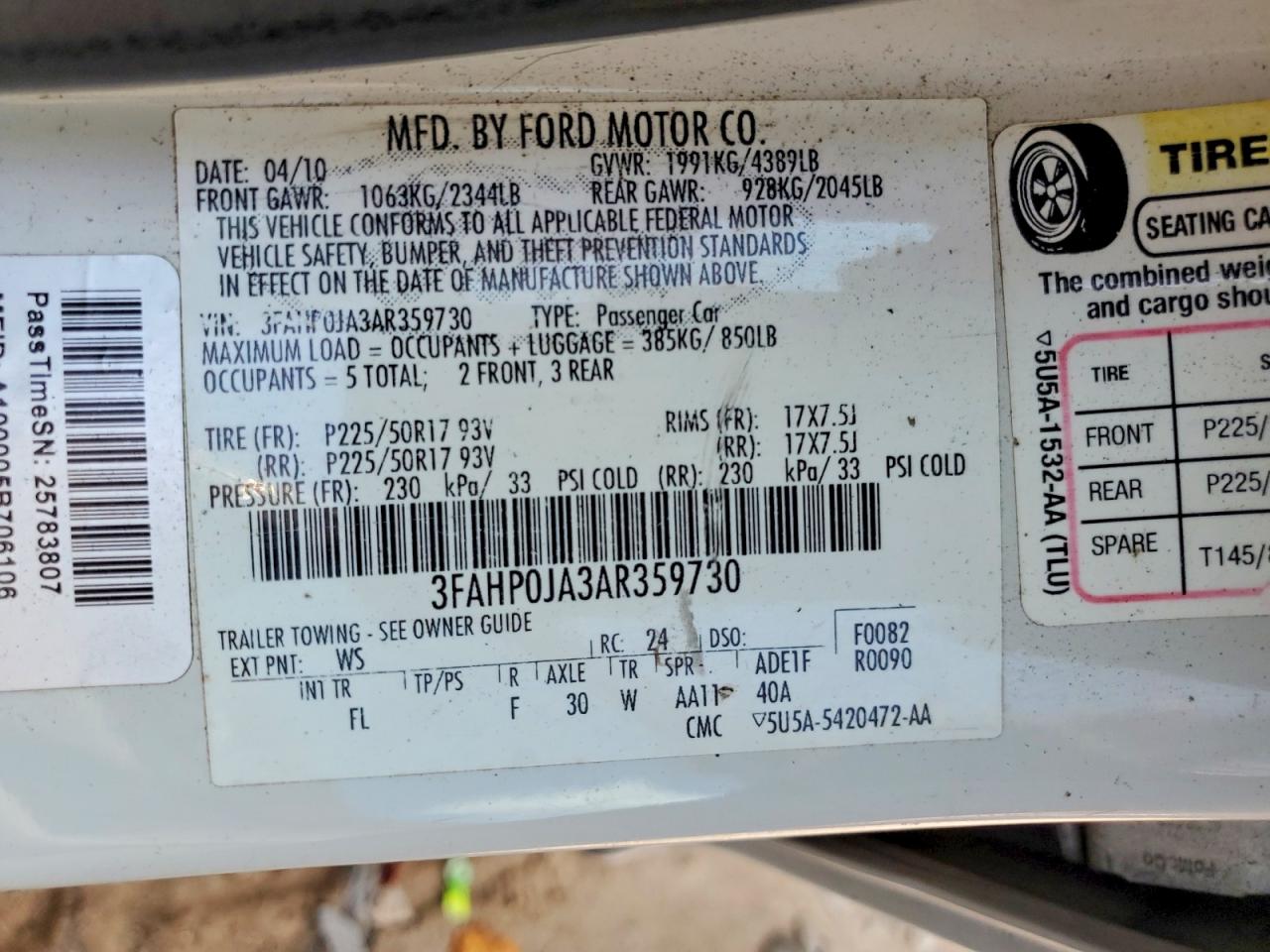 2010 Ford Fusion Sel Белый vin: 3FAHP0JA3AR359730