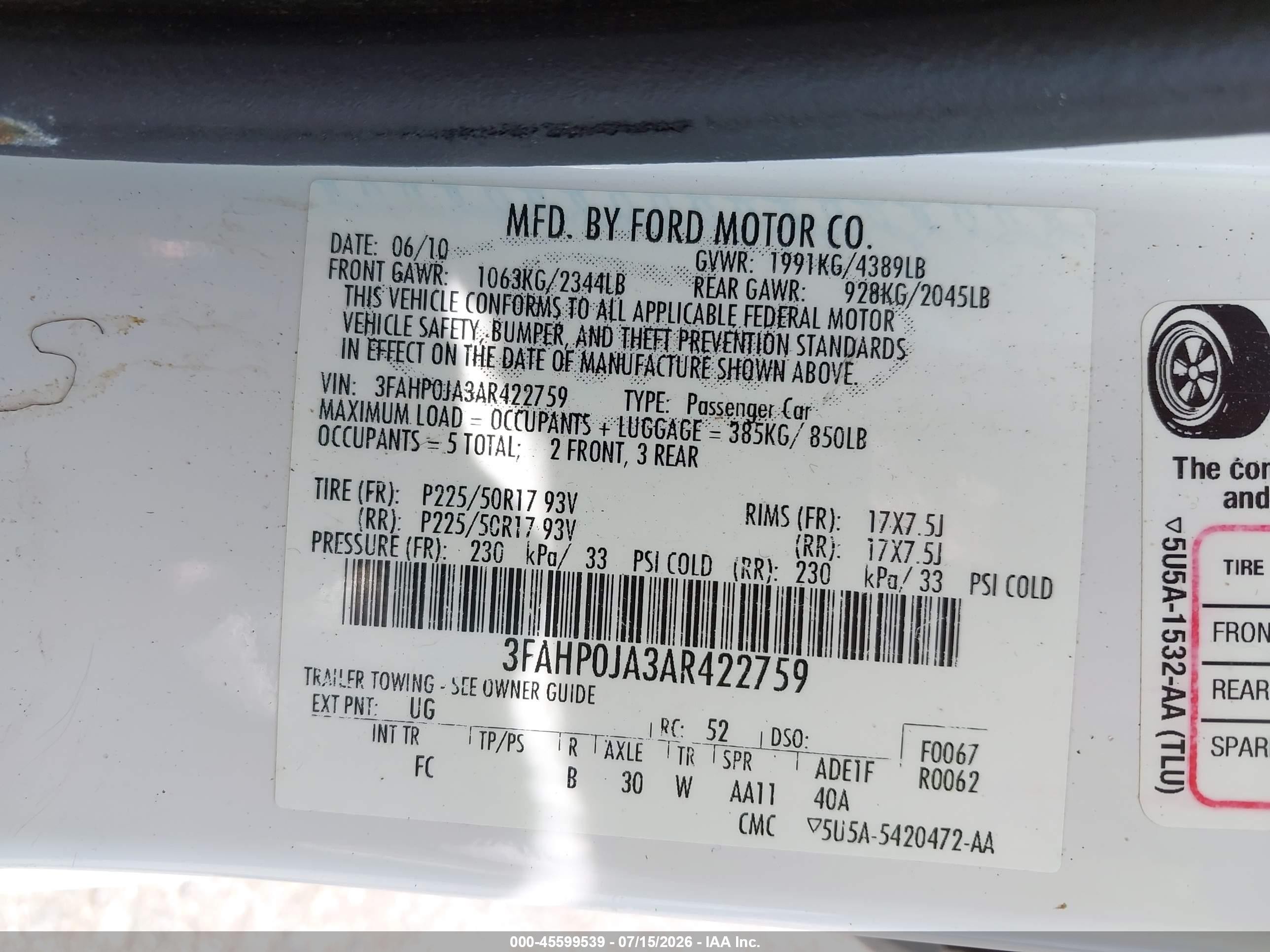 2010 Ford Fusion Sel White vin: 3FAHP0JA3AR422759