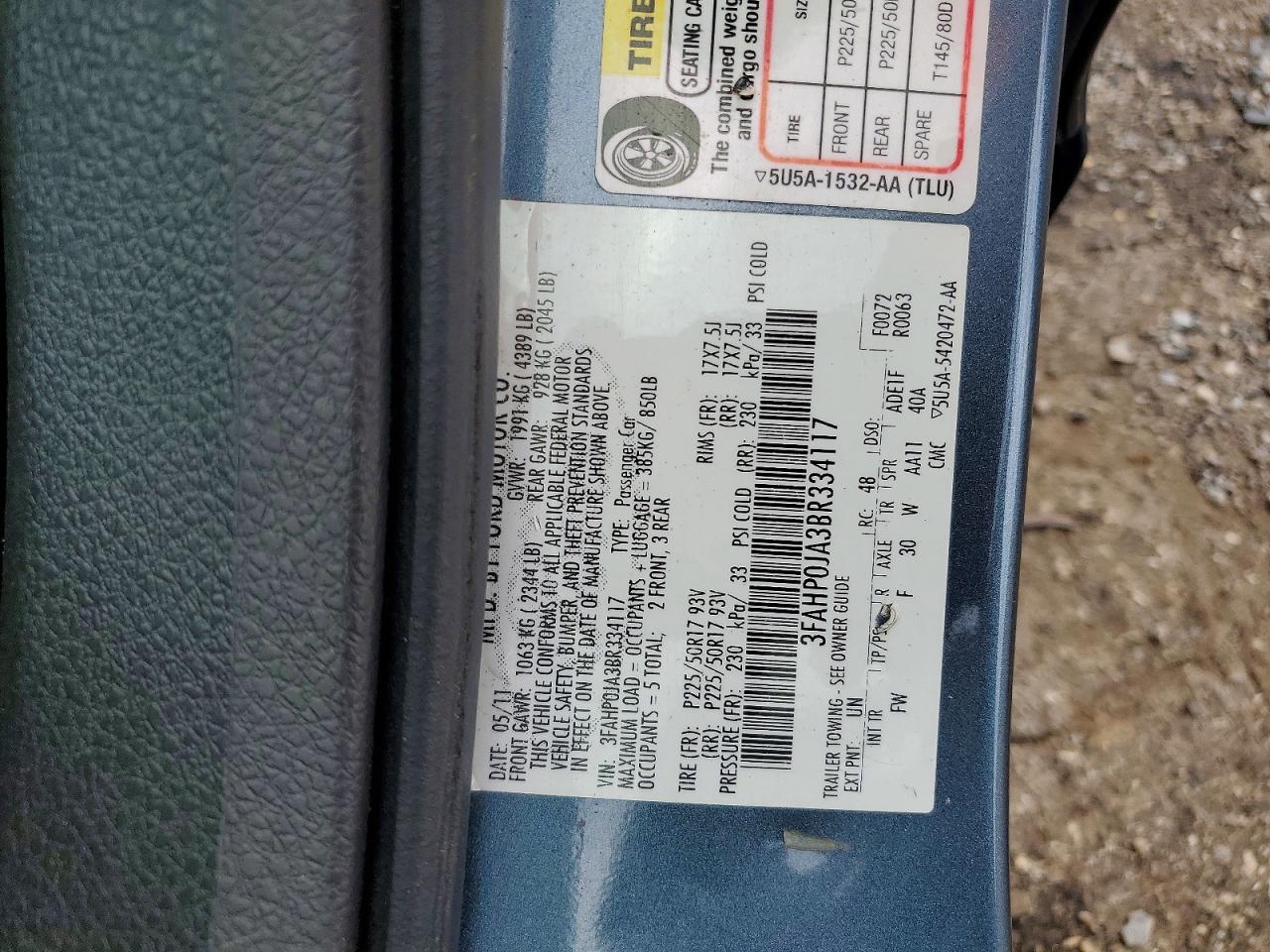 2011 Ford Fusion Sel Blue vin: 3FAHP0JA3BR334117