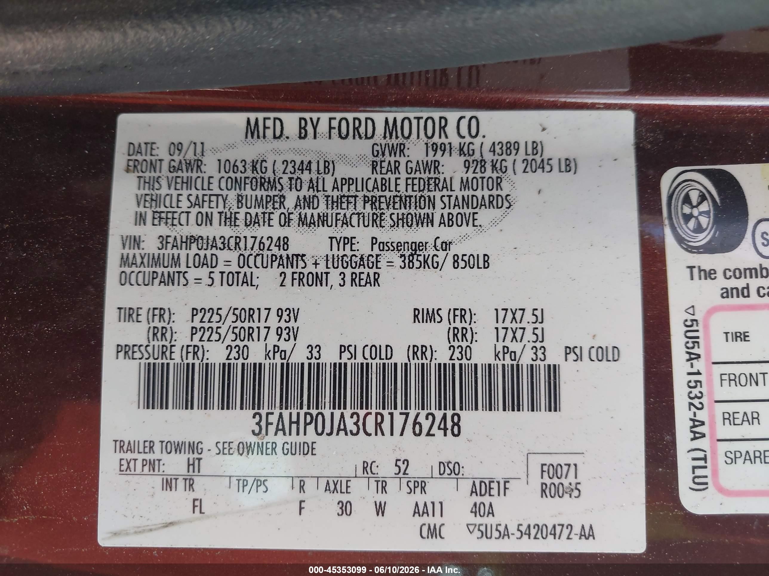 2012 Ford Fusion Sel Burgundy vin: 3FAHP0JA3CR176248
