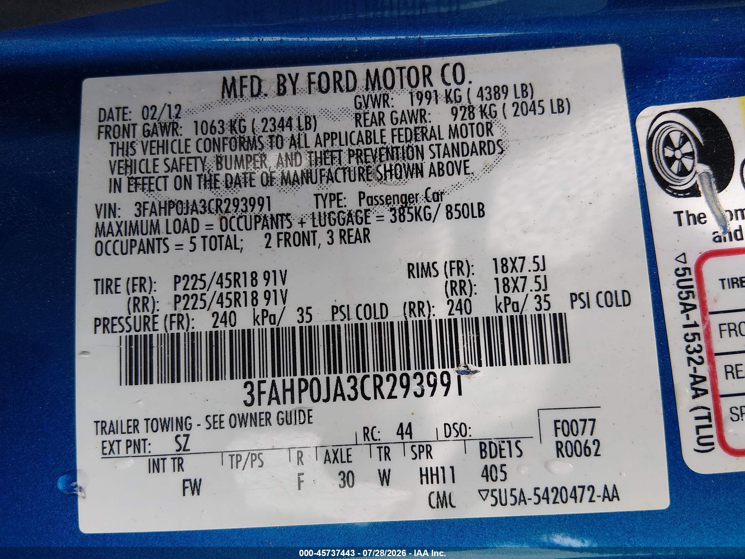 2012 Ford Fusion Sel Blue vin: 3FAHP0JA3CR293991