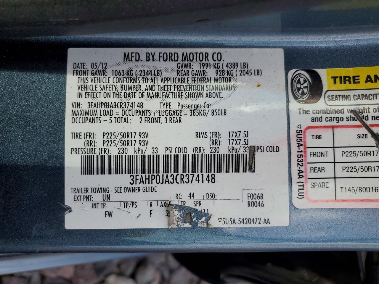 2012 Ford Fusion Sel Blue vin: 3FAHP0JA3CR374148