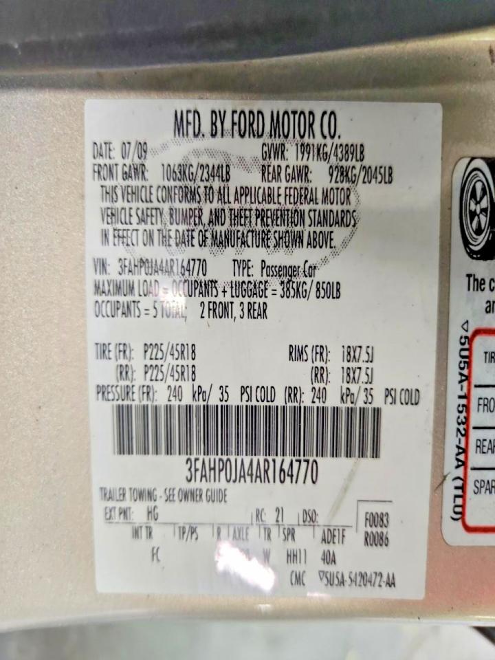 2010 Ford Fusion Sel Tan vin: 3FAHP0JA4AR164770