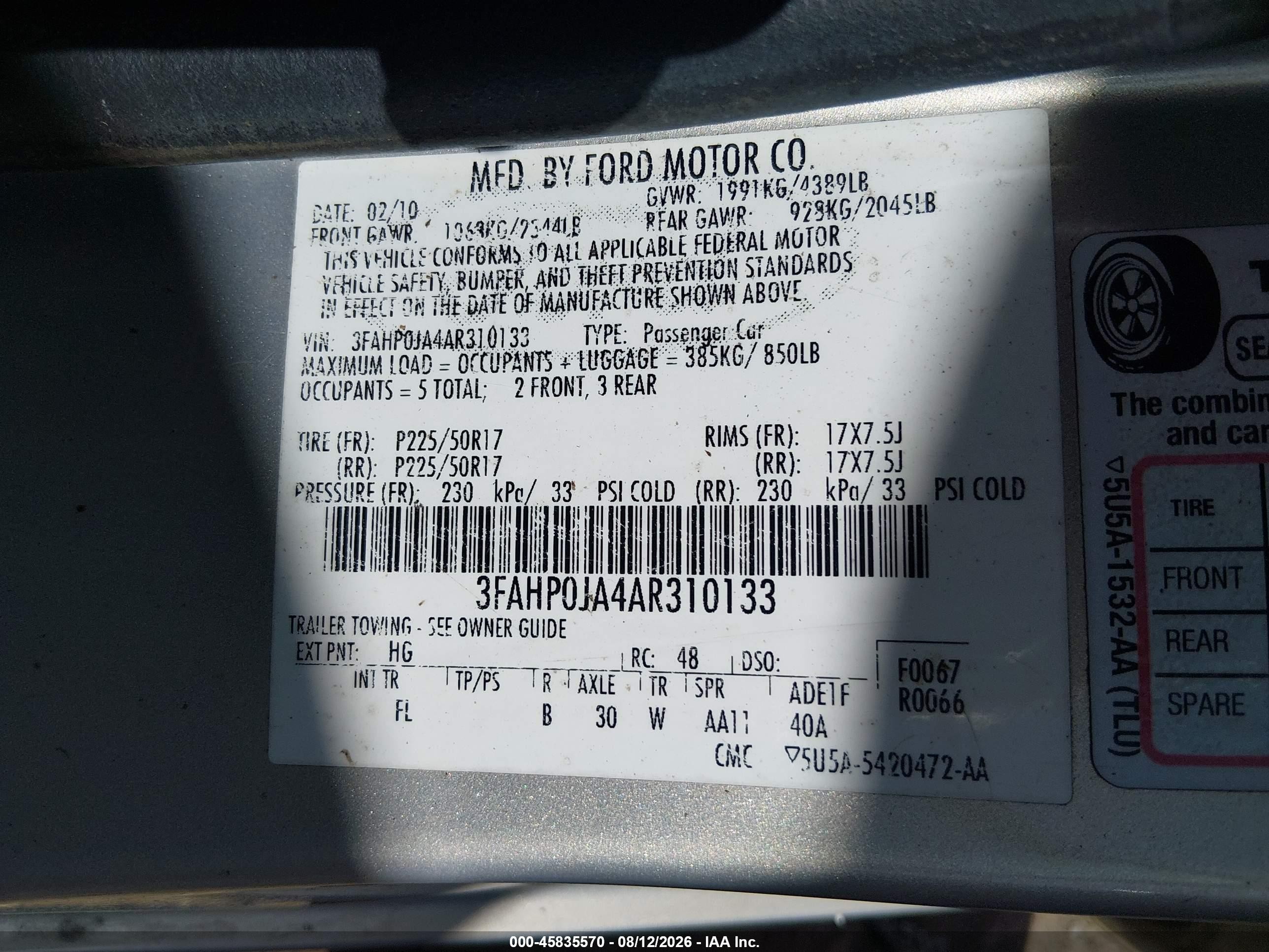 2010 Ford Fusion Sel Champagne vin: 3FAHP0JA4AR310133