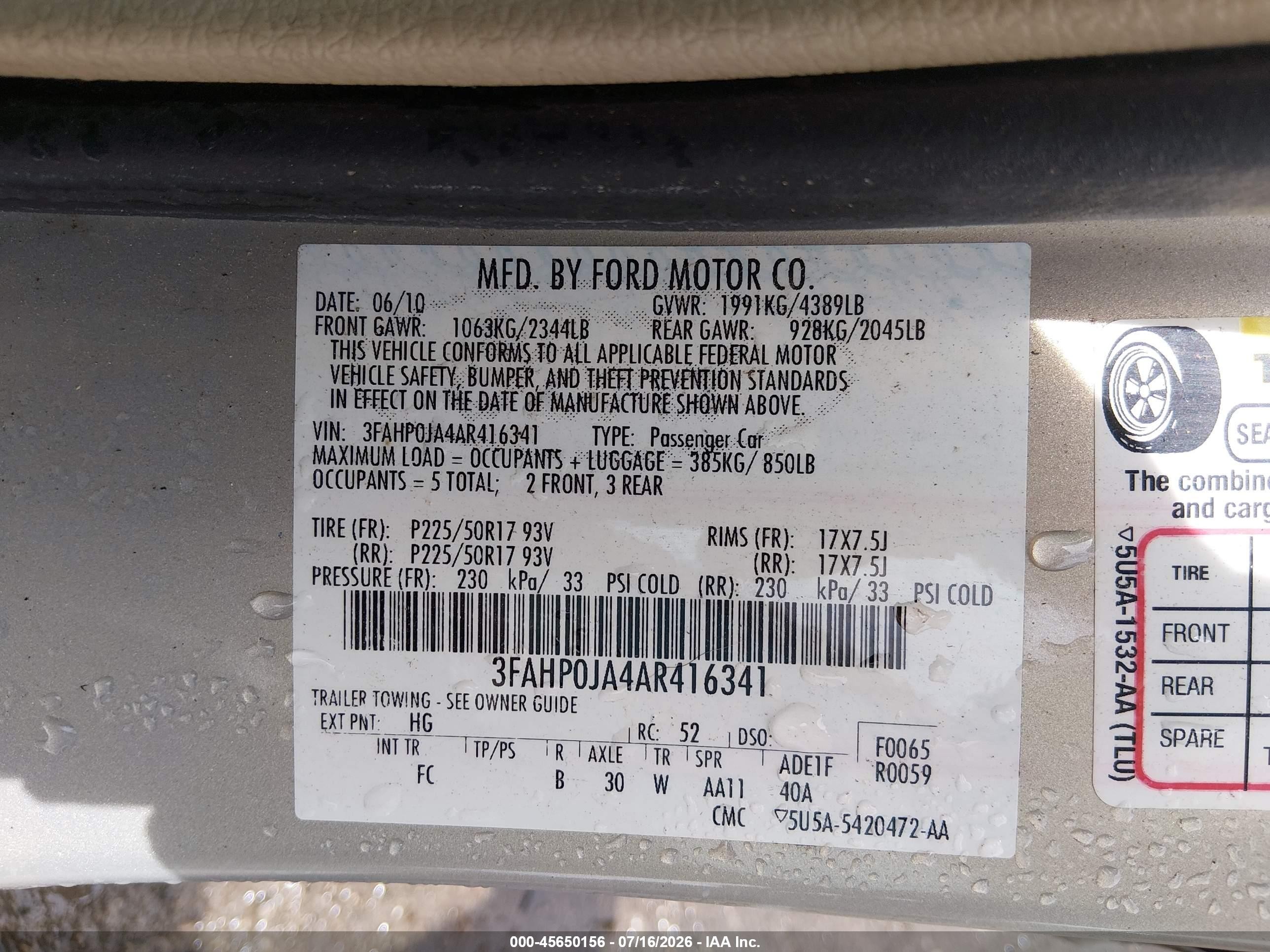 2010 Ford Fusion Sel Beige vin: 3FAHP0JA4AR416341