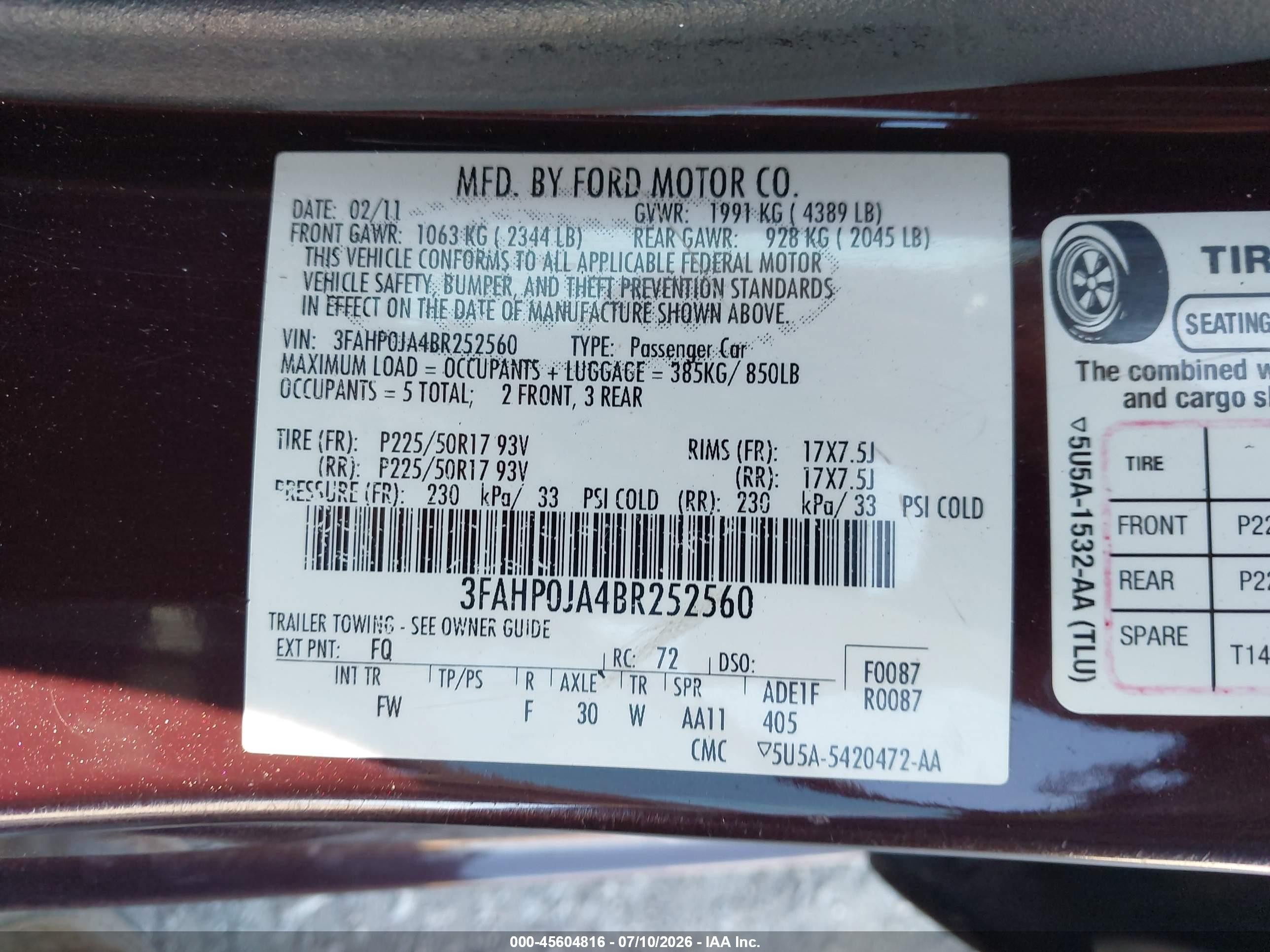 2011 Ford Fusion Sel Maroon vin: 3FAHP0JA4BR252560