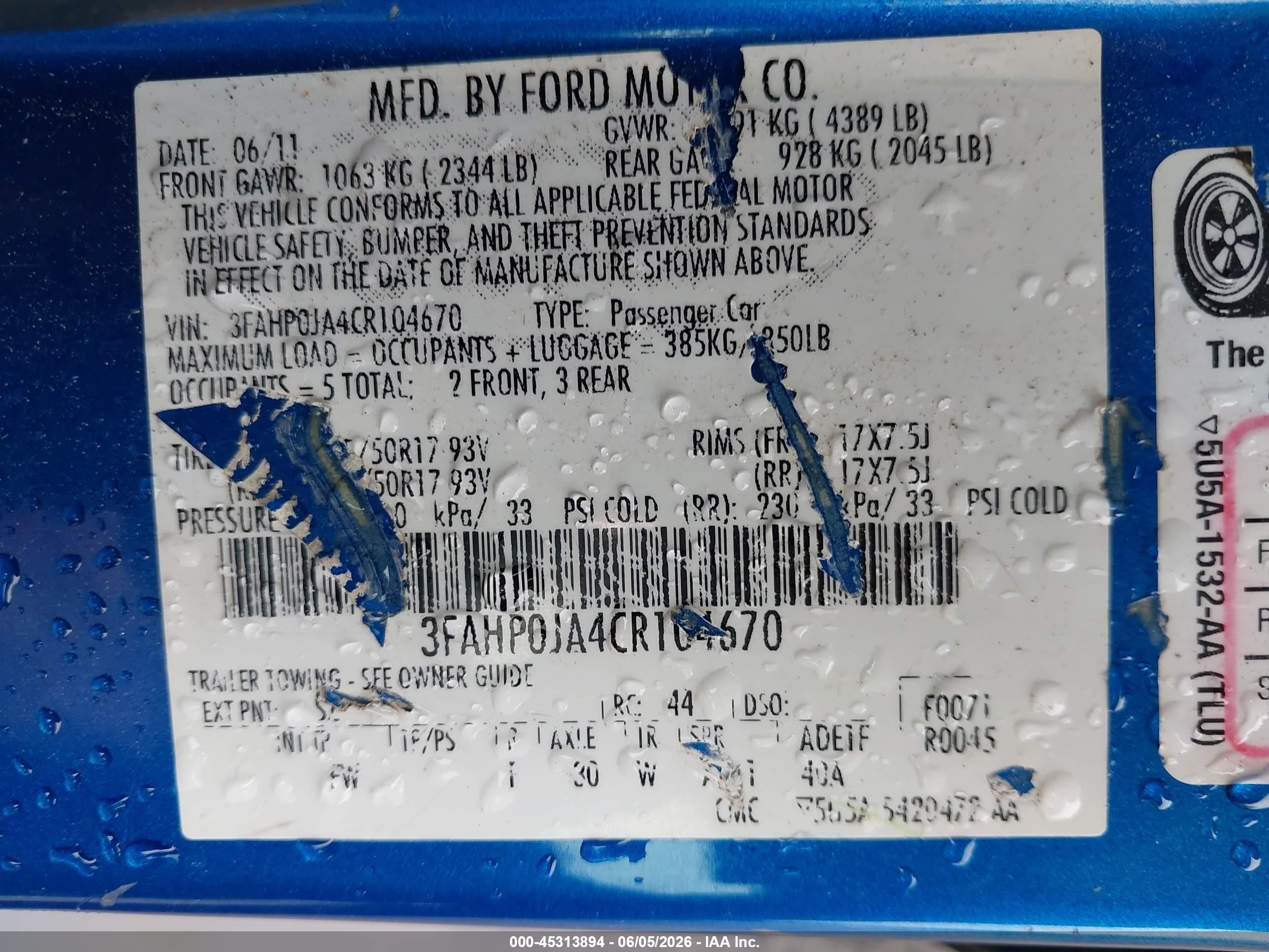 2012 Ford Fusion Sel Blue vin: 3FAHP0JA4CR104670