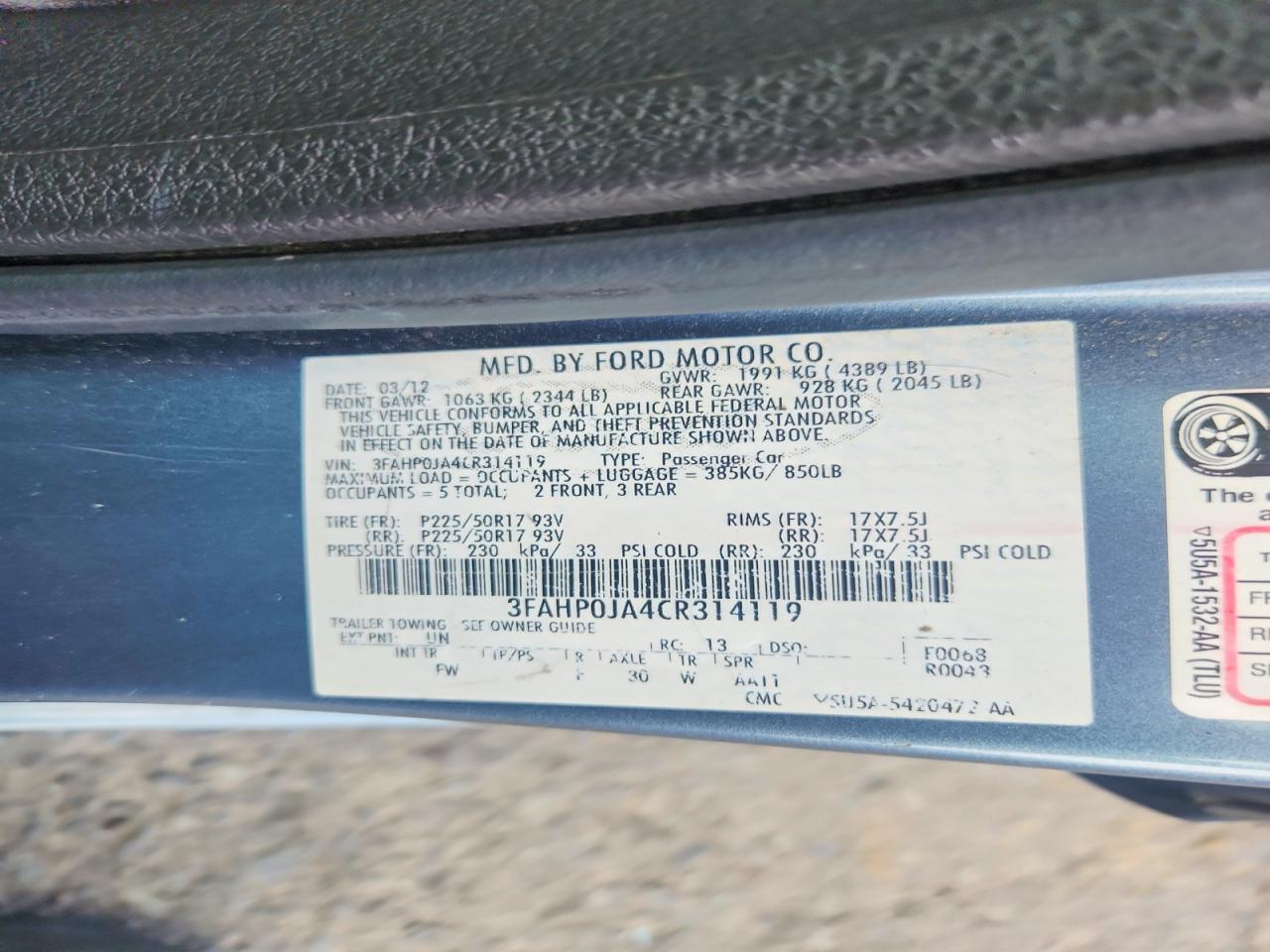 2012 Ford Fusion Sel Blue vin: 3FAHP0JA4CR314119