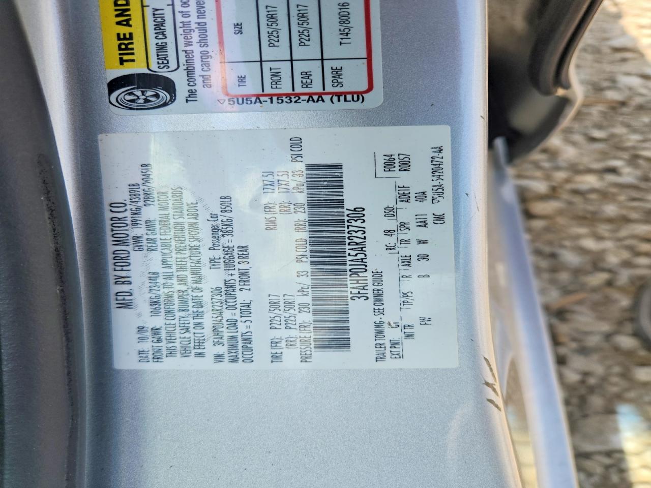 2010 Ford Fusion Sel Silver vin: 3FAHP0JA5AR237306