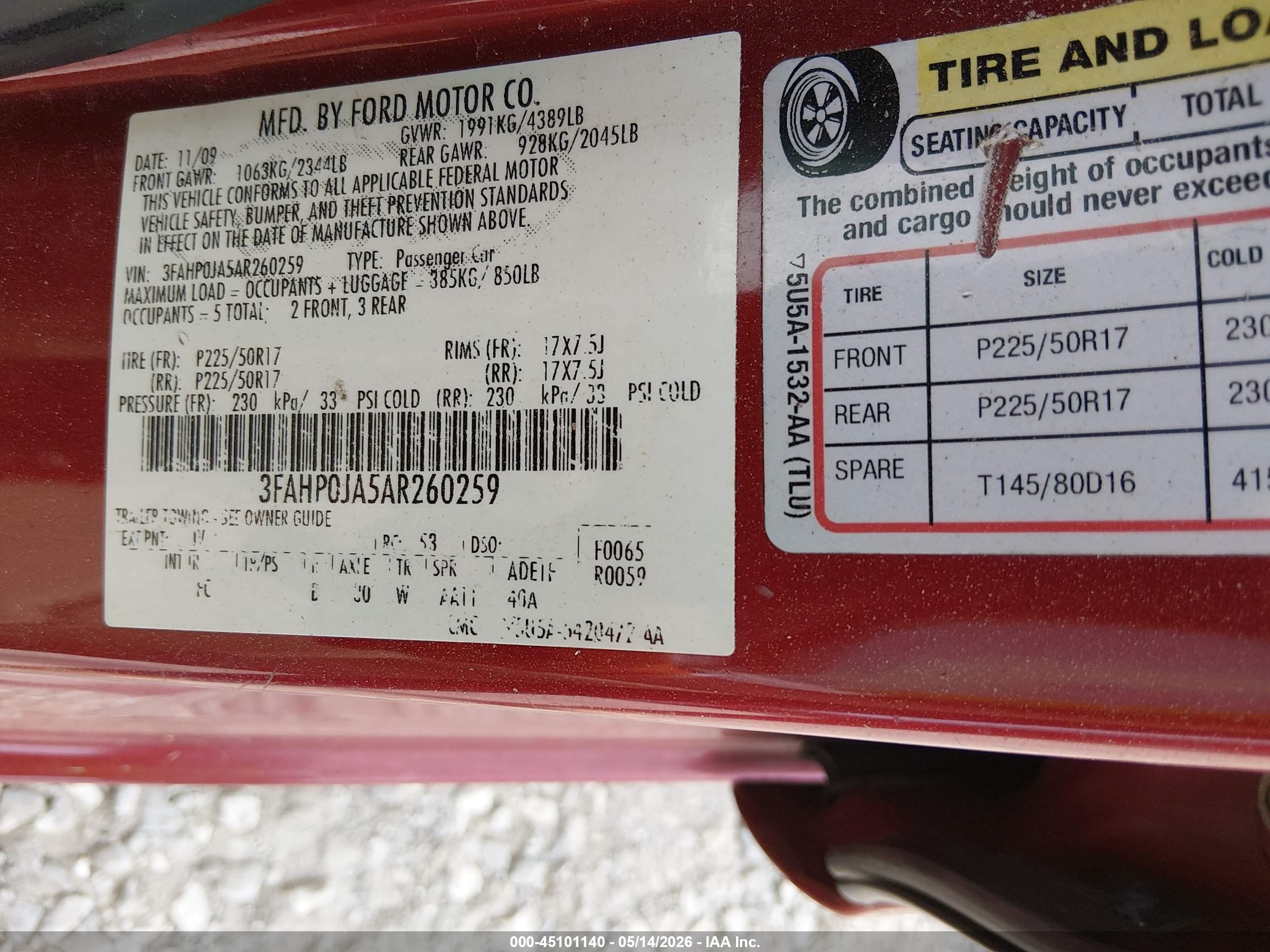 2010 Ford Fusion Sel Red vin: 3FAHP0JA5AR260259