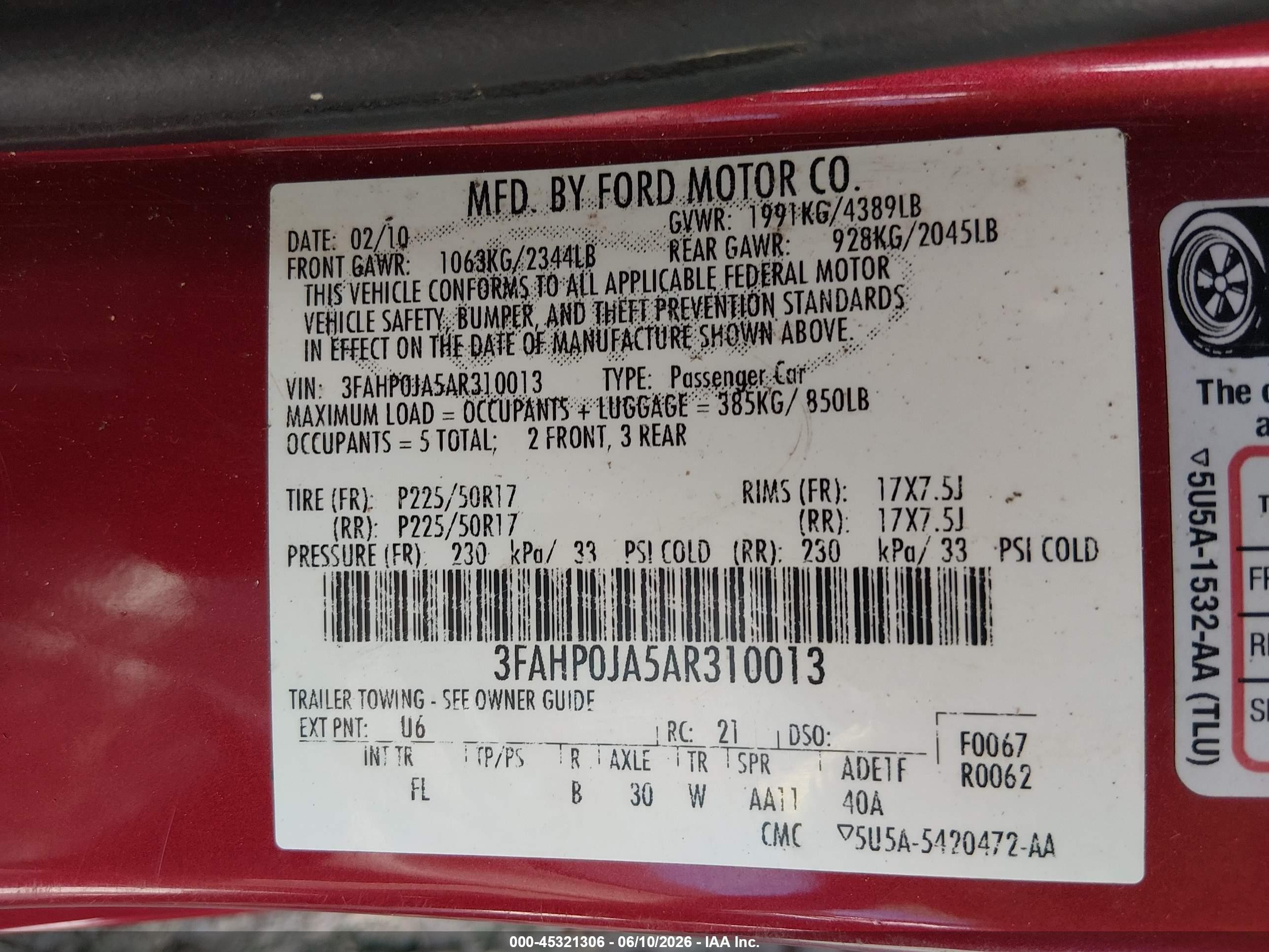 2010 Ford Fusion Sel Red vin: 3FAHP0JA5AR310013