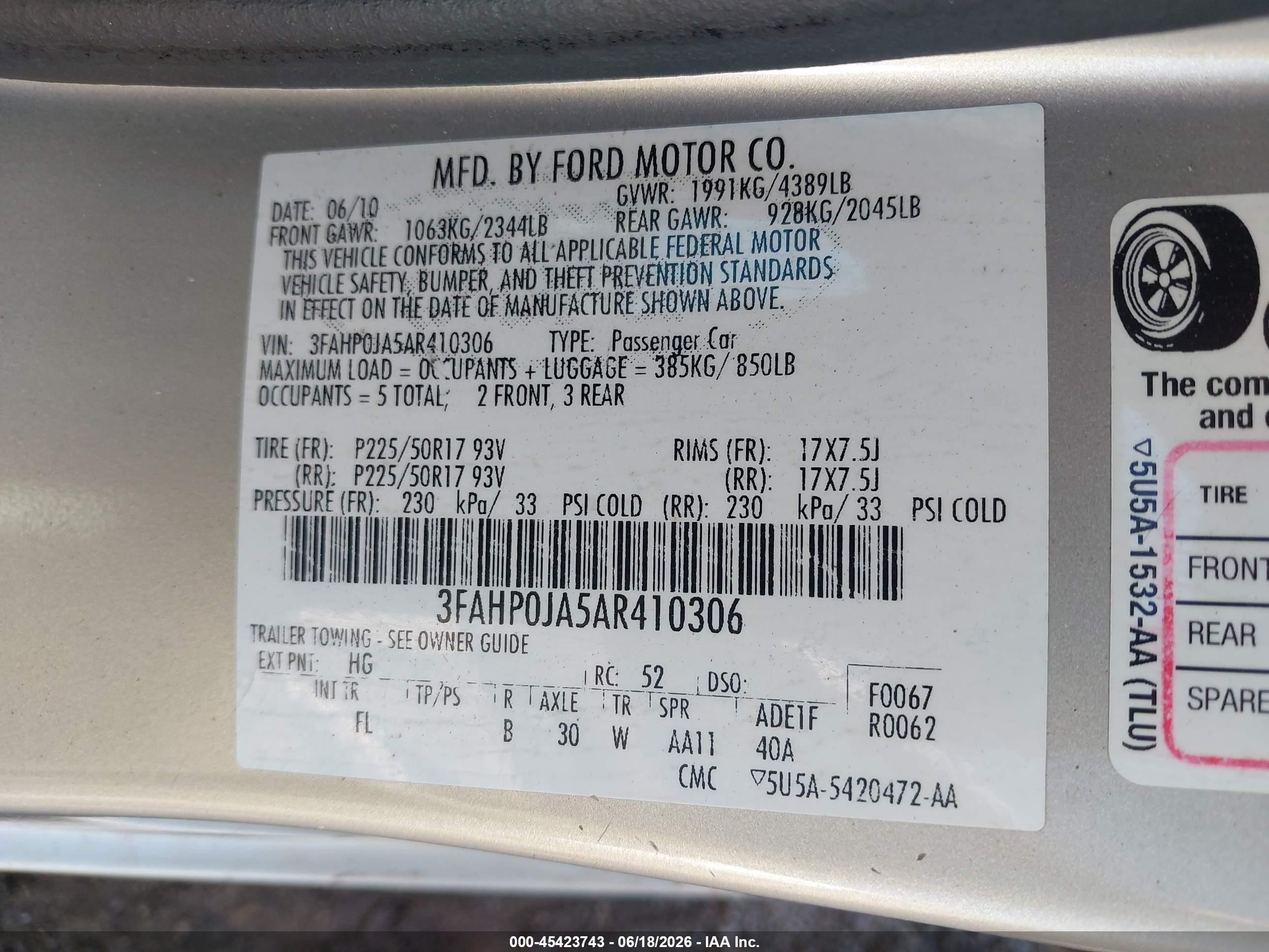 2010 Ford Fusion Sel Champagne vin: 3FAHP0JA5AR410306