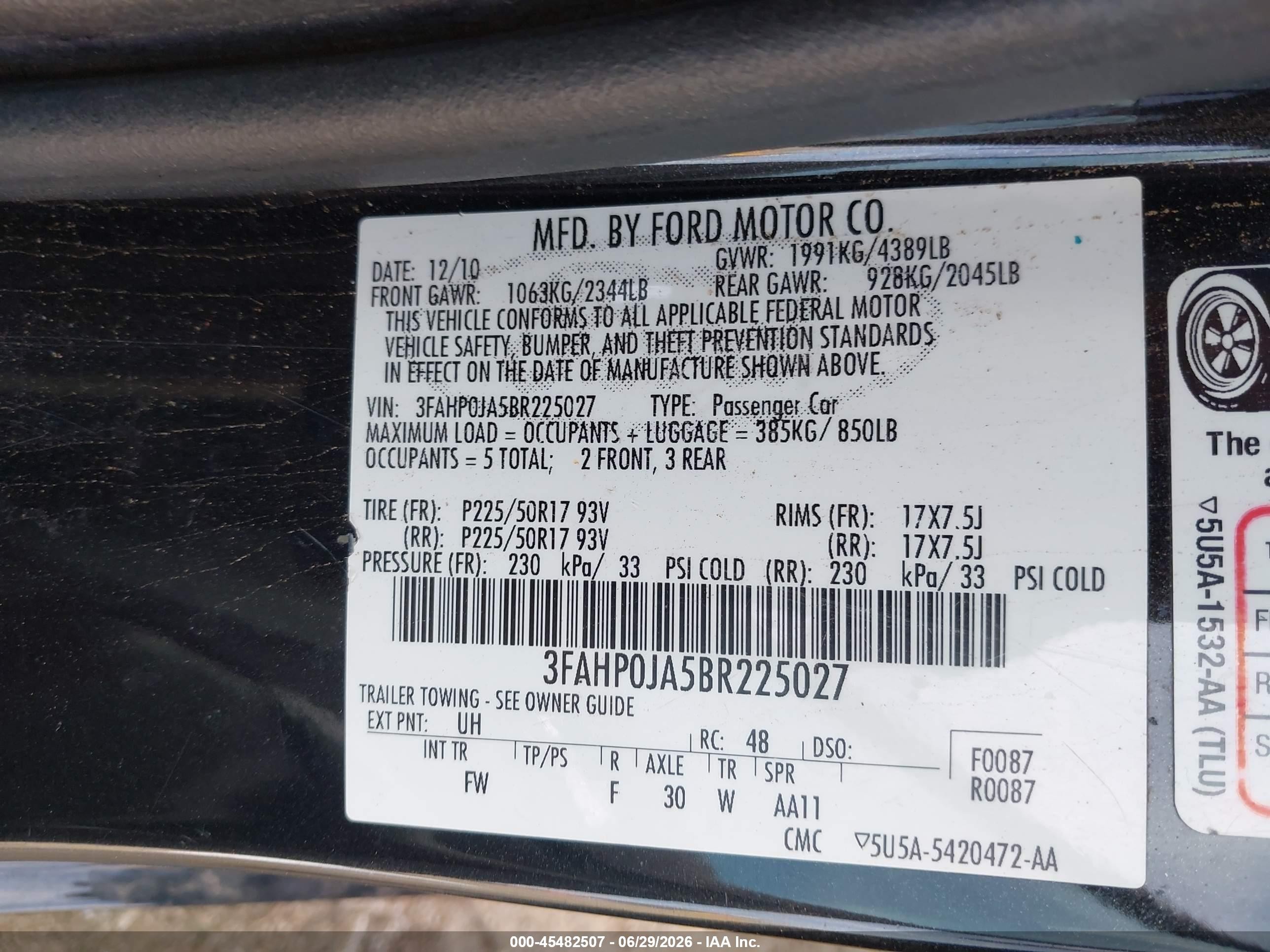 2011 Ford Fusion Sel Black vin: 3FAHP0JA5BR225027