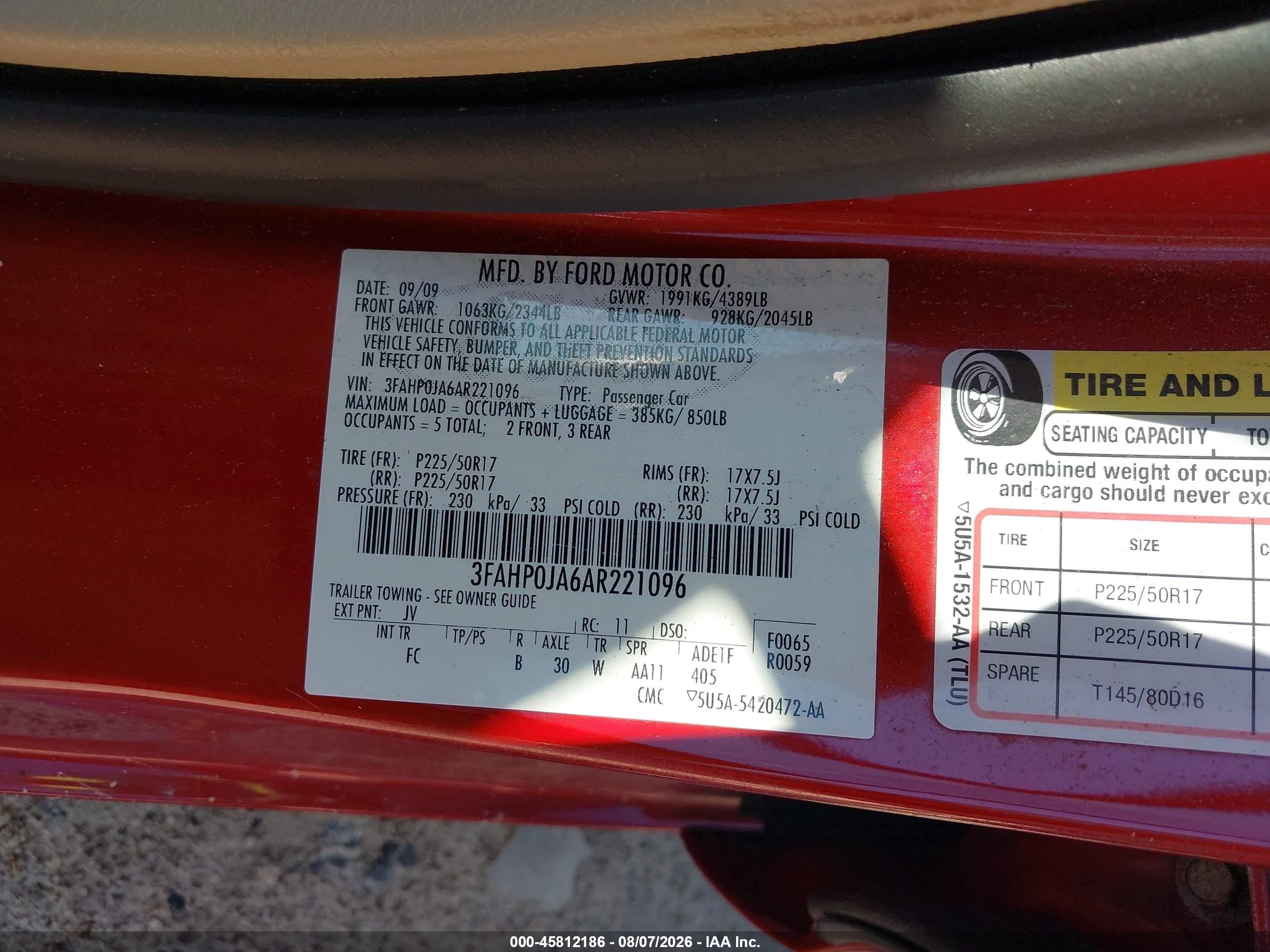 2010 Ford Fusion Sel Red vin: 3FAHP0JA6AR221096