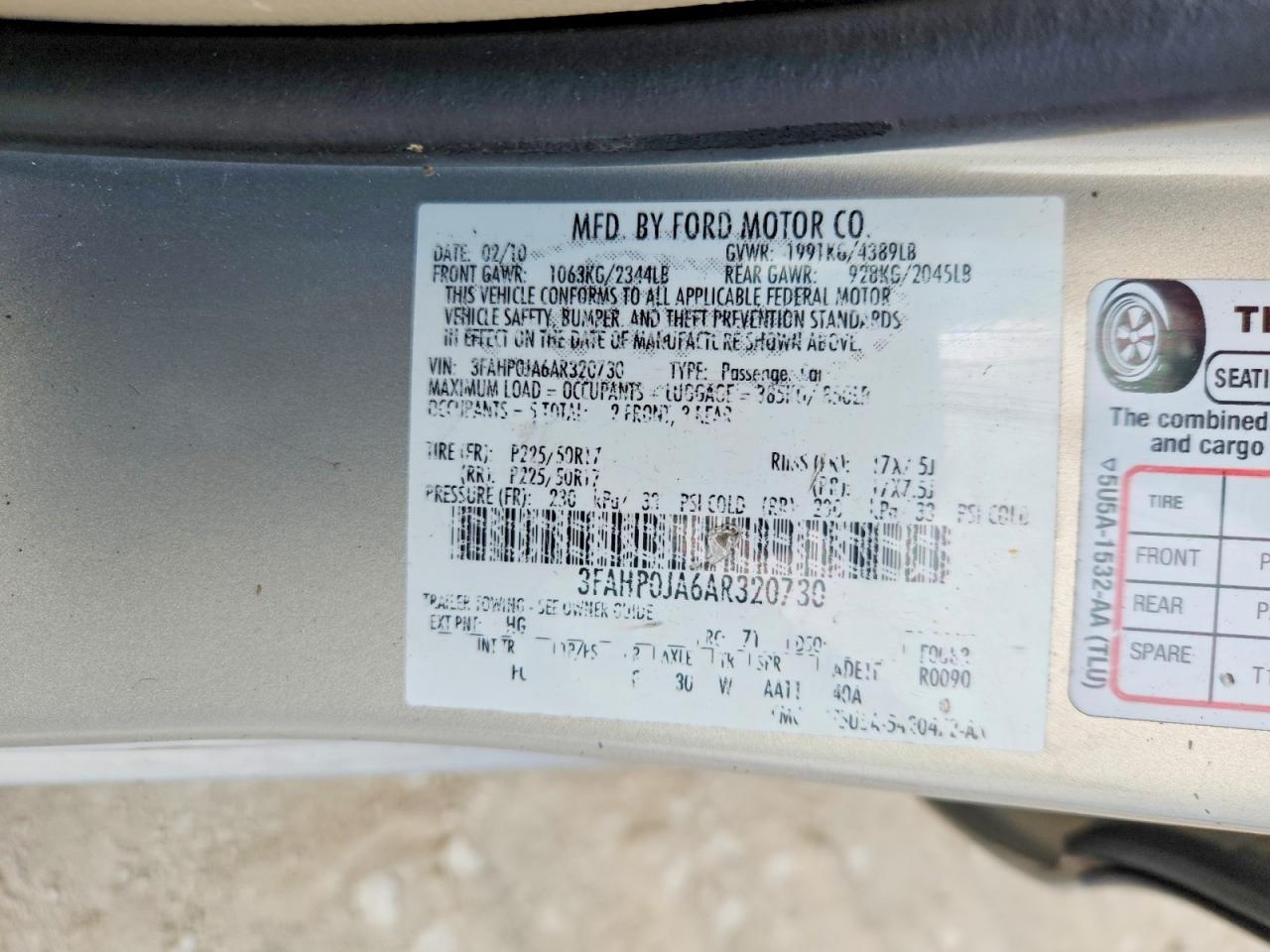 2010 Ford Fusion Sel Beige vin: 3FAHP0JA6AR320730