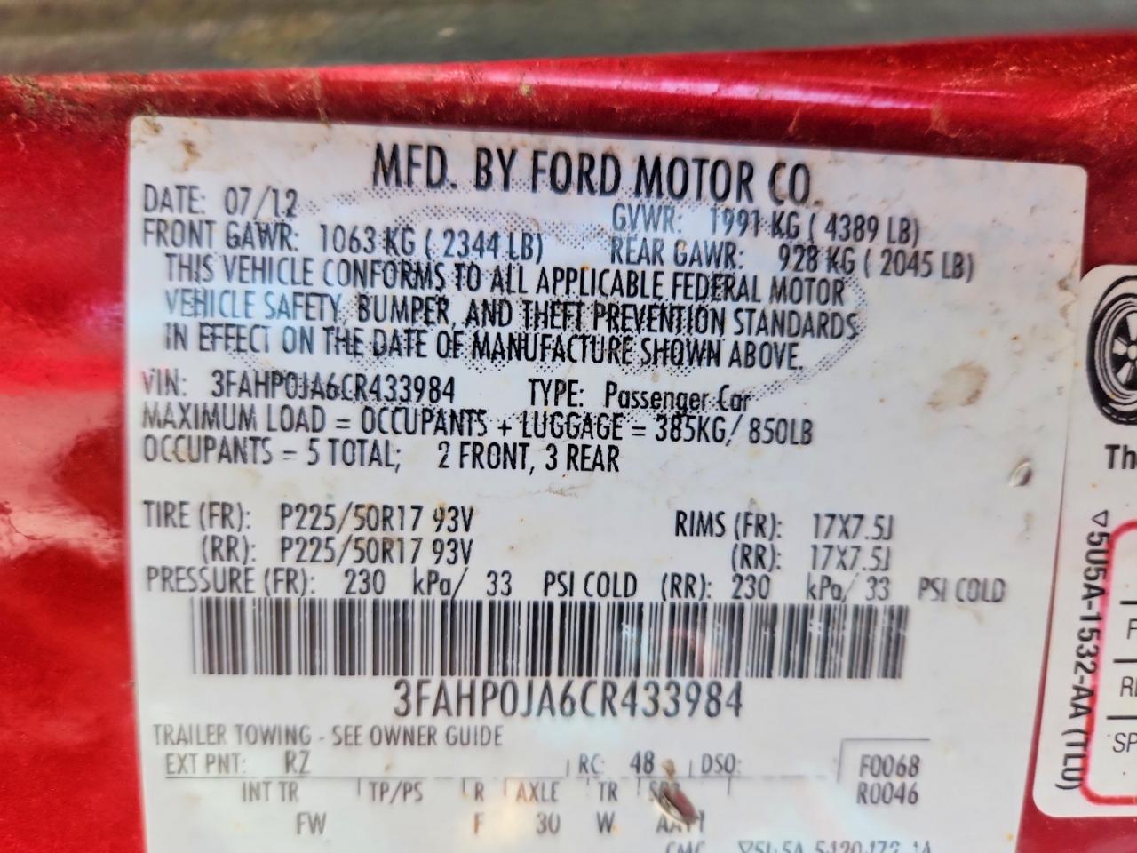 2012 Ford Fusion Sel Red vin: 3FAHP0JA6CR433984