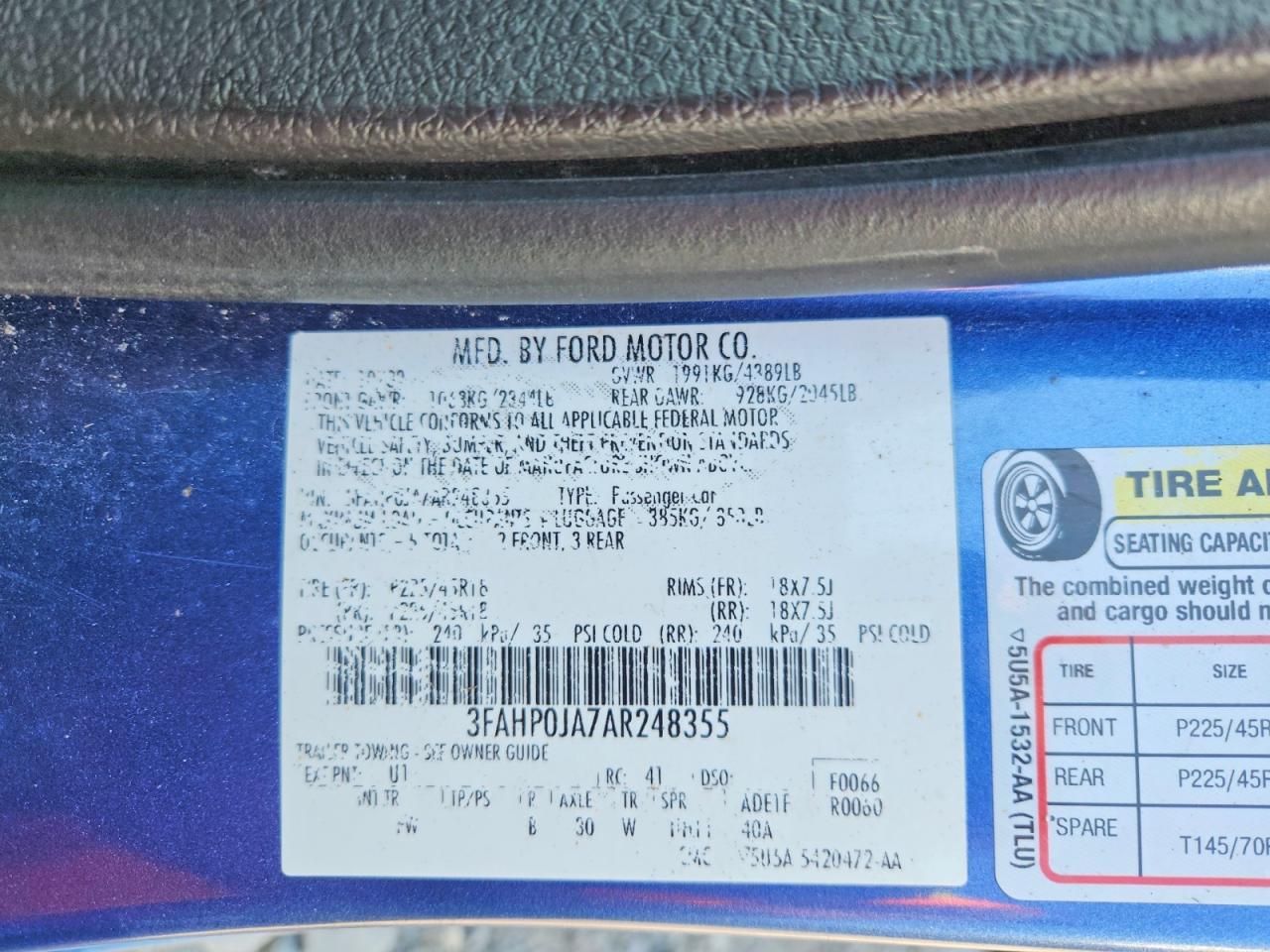 2010 Ford Fusion Sel Blue vin: 3FAHP0JA7AR248355