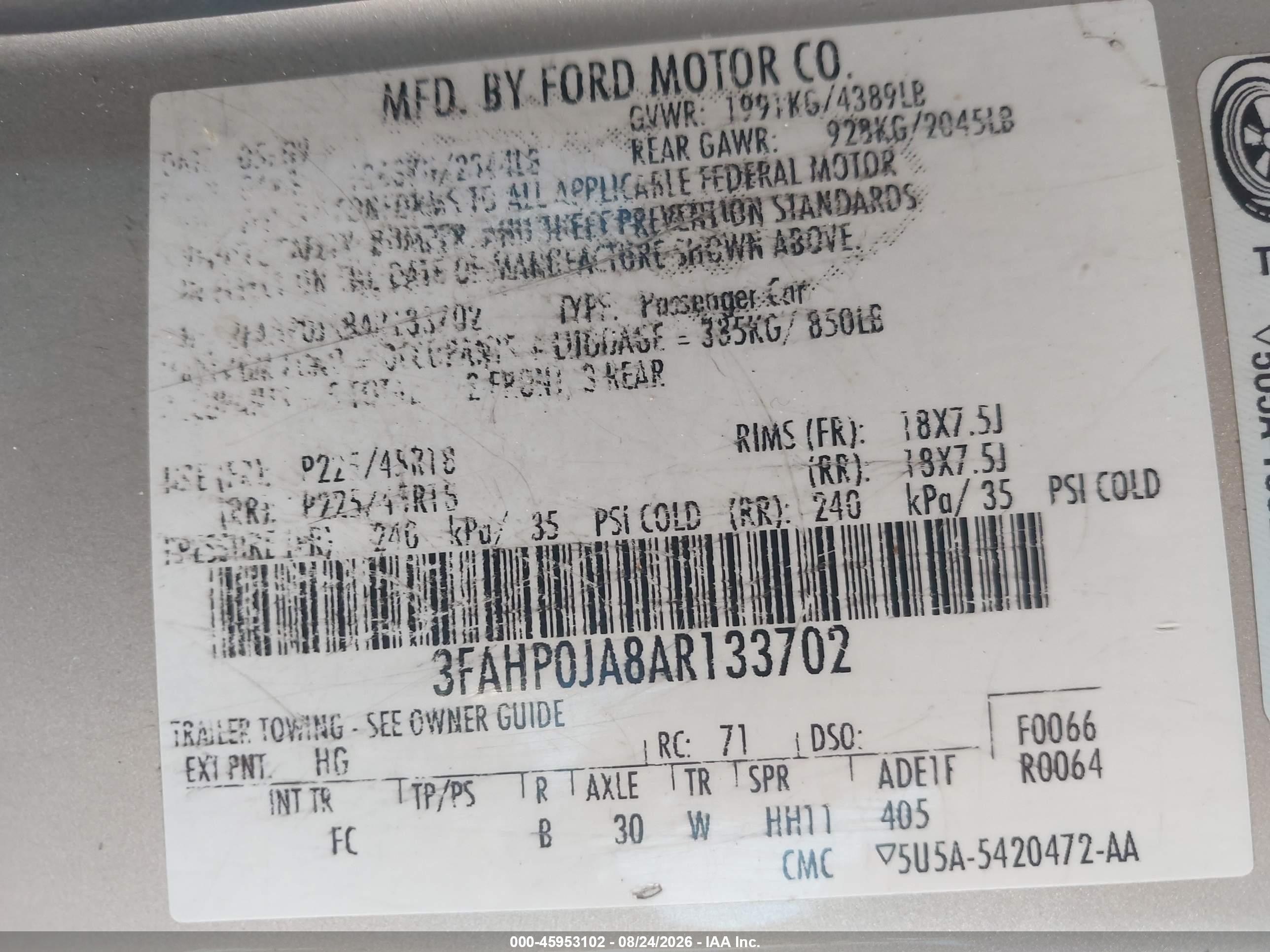 2010 Ford Fusion Sel Champagne vin: 3FAHP0JA8AR133702
