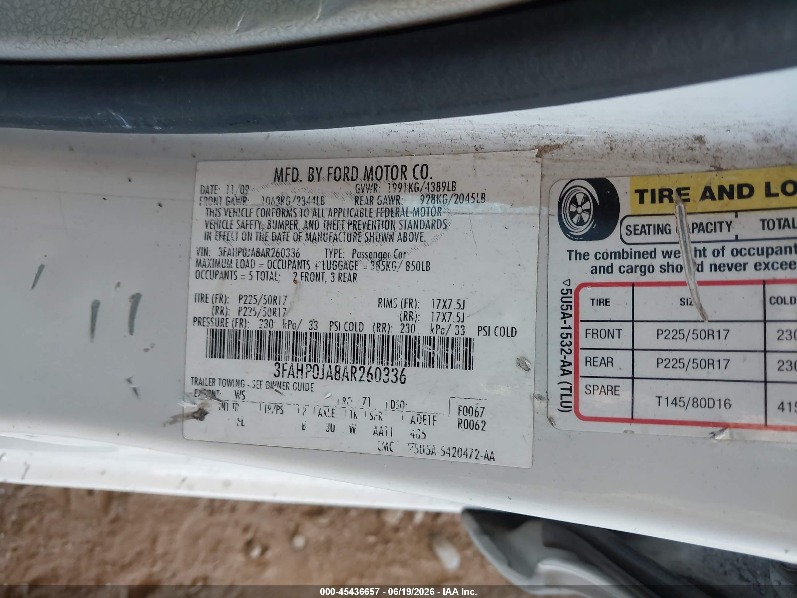 2010 Ford Fusion Sel White vin: 3FAHP0JA8AR260336