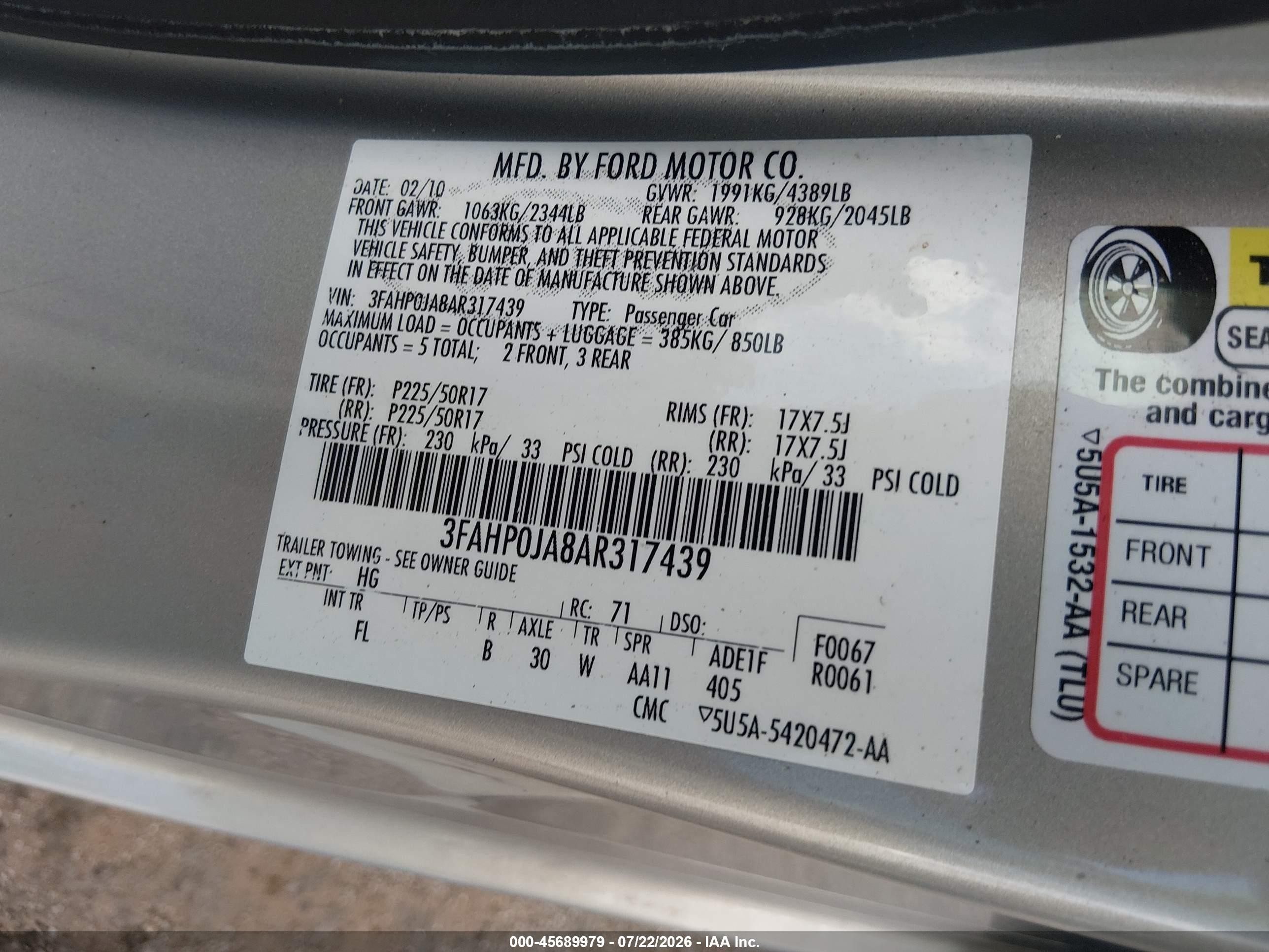 2010 Ford Fusion Sel Beige vin: 3FAHP0JA8AR317439
