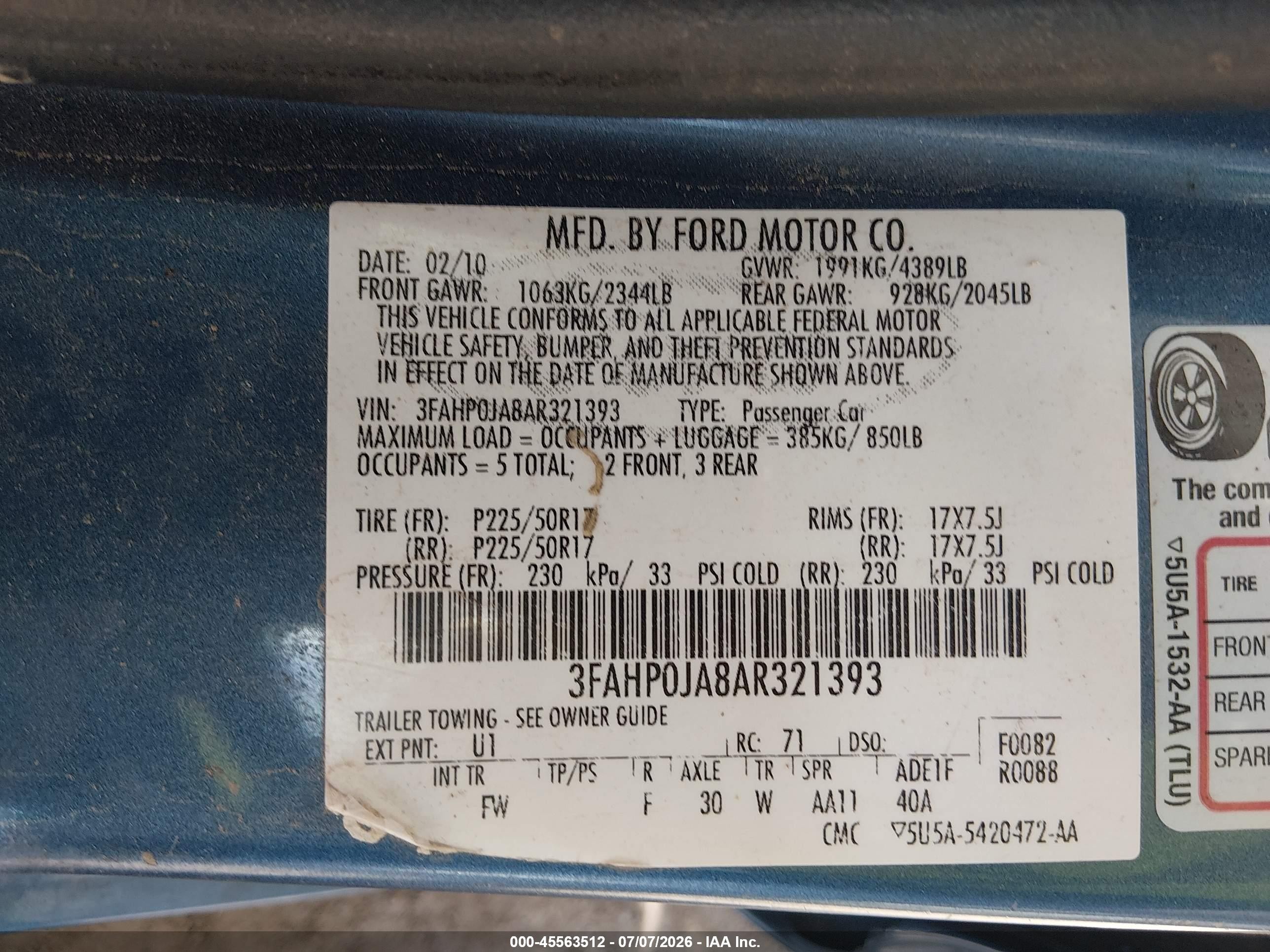 2010 Ford Fusion Sel Blue vin: 3FAHP0JA8AR321393